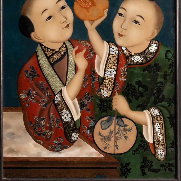 Hand-Painted Antique Chinese Export Qing Dynasty Reverse Painting on Glass of Children 1860 For Sale