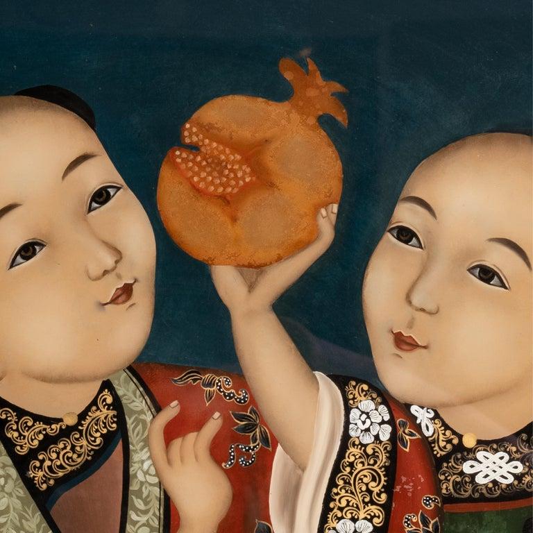 Antique Chinese Export Qing Dynasty Reverse Painting on Glass of Children 1860 In Good Condition In Portland, OR