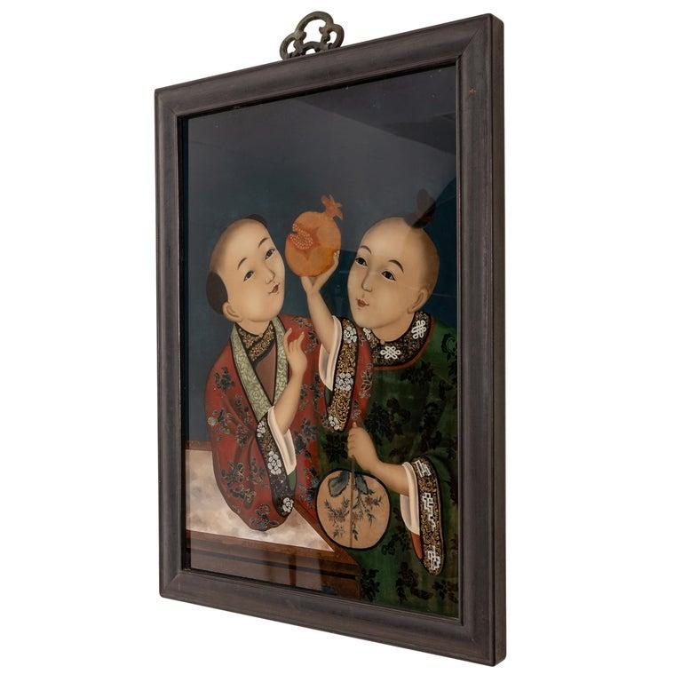 Antique Chinese Export Qing Dynasty Reverse Painting on Glass of Children 1860 For Sale 3