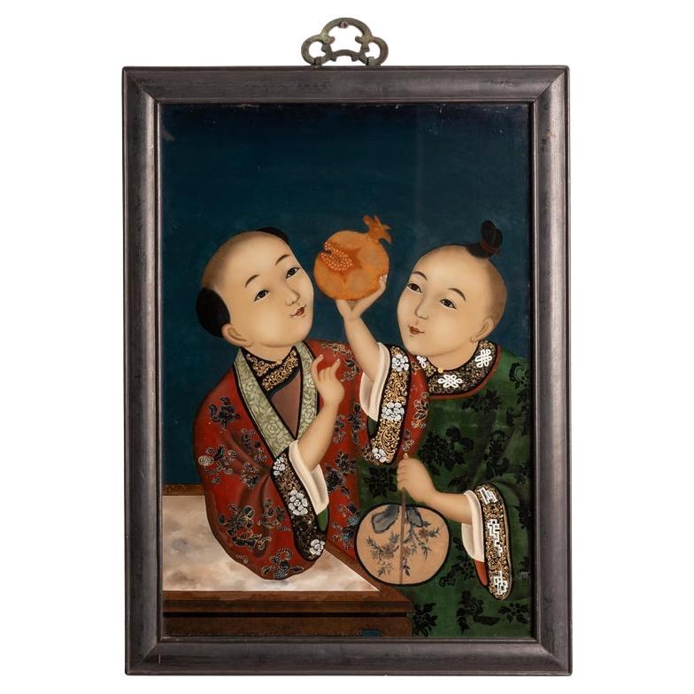 Antique Chinese Export Qing Dynasty Reverse Painting on Glass of Children 1860 For Sale