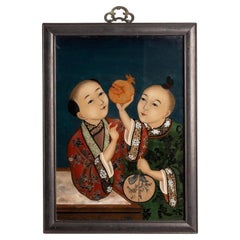 Antique Chinese Export Qing Dynasty Reverse Painting on Glass of Children 1860