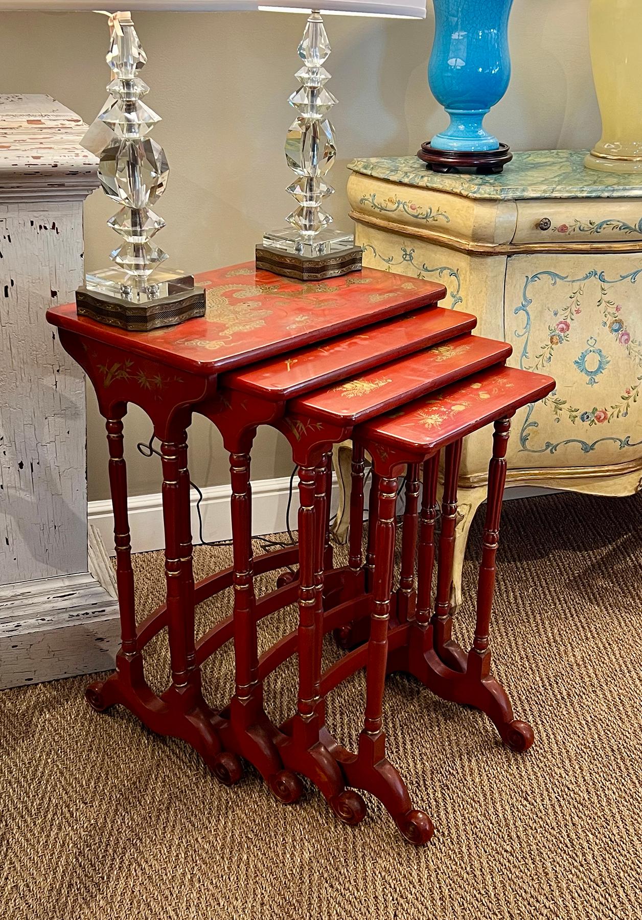 Antique Chinese Export Red & Gilt Lacquer Quartetto Nesting Tables For Sale 6