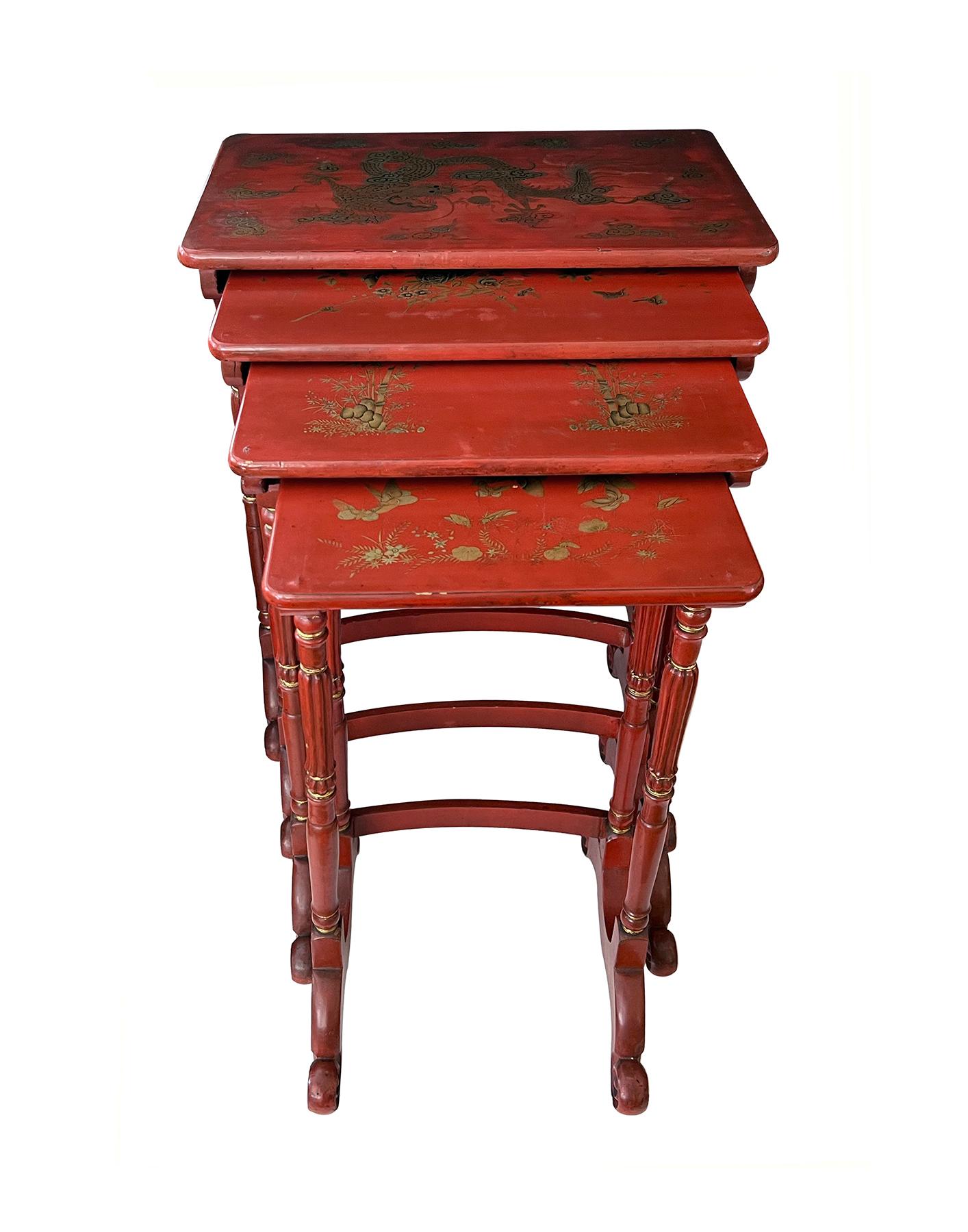 Antique Chinese Export Red & Gilt Lacquer Quartetto Nesting Tables In Good Condition For Sale In San Francisco, CA