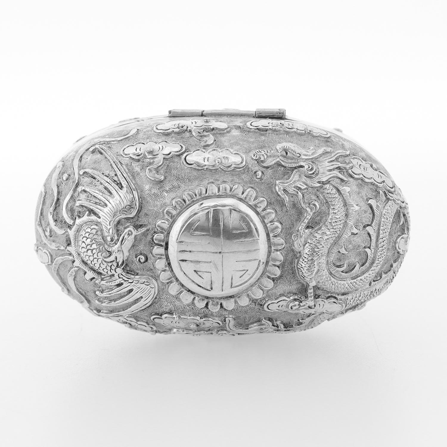 Antique Chinese Export Repousse Silver Box with Phoenix, Dragon, & Longevity 壽 For Sale 7