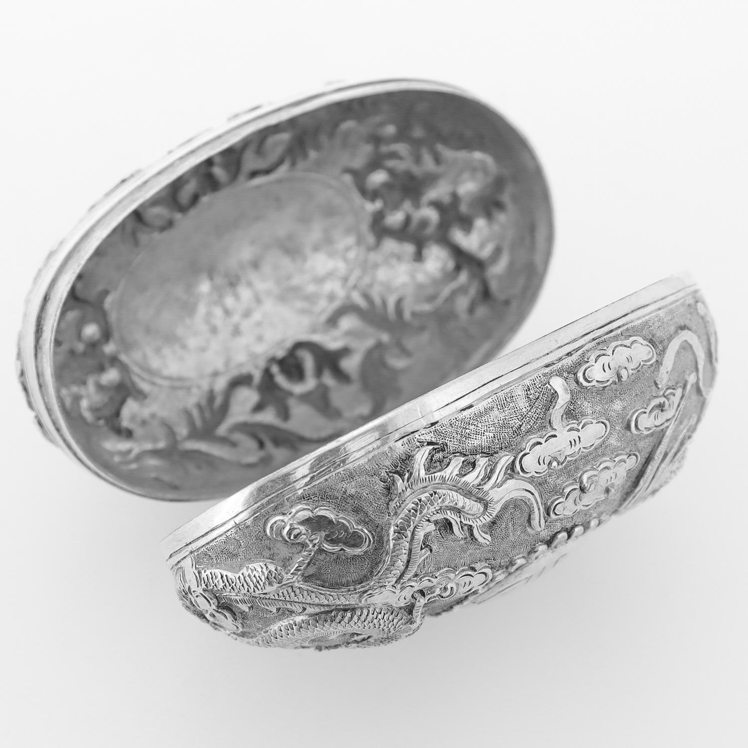 Antique Chinese Export Repousse Silver Box with Phoenix, Dragon, & Longevity 壽 For Sale 11