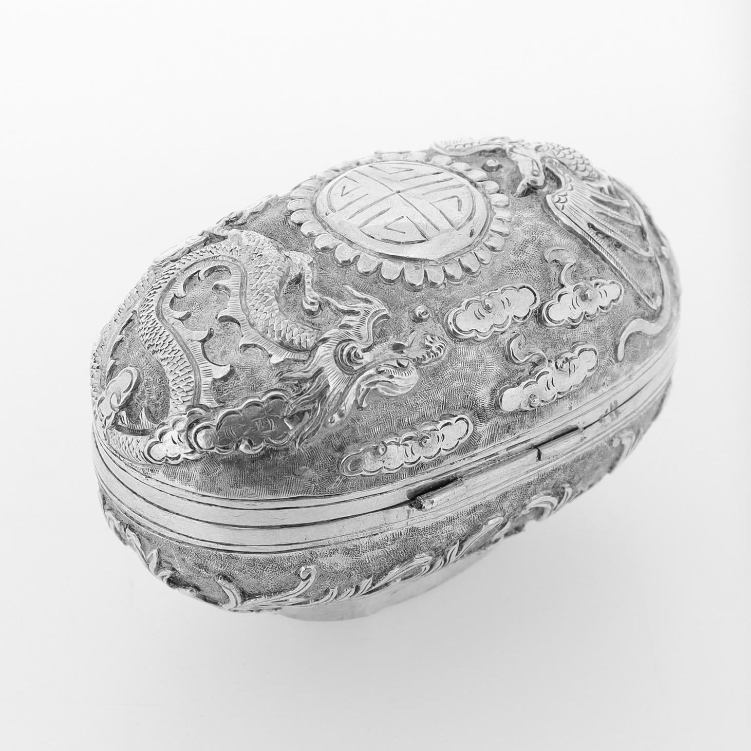 20th Century Antique Chinese Export Repousse Silver Box with Phoenix, Dragon, & Longevity 壽 For Sale