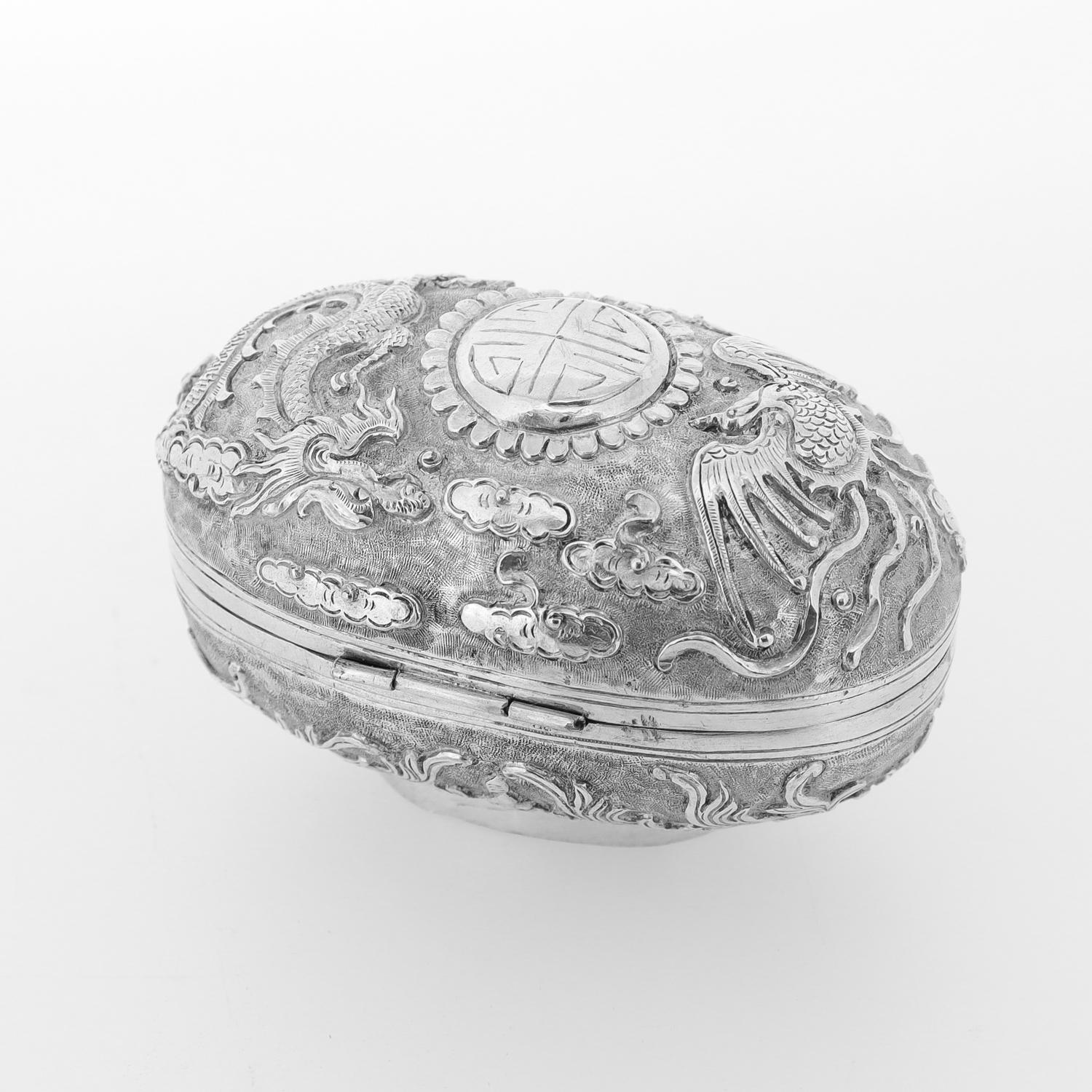Antique Chinese Export Repousse Silver Box with Phoenix, Dragon, & Longevity 壽 For Sale 1