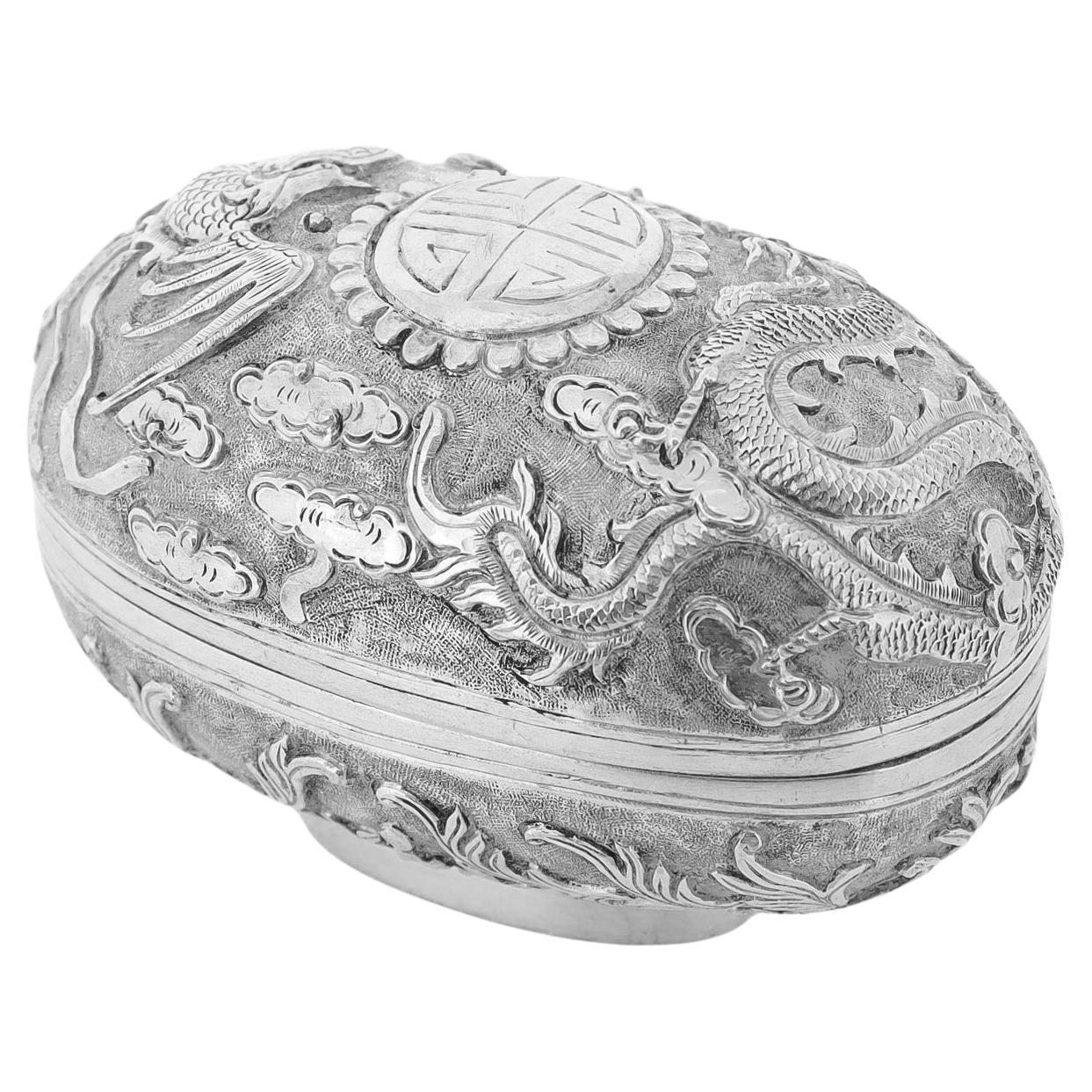 Antique Chinese Export Repousse Silver Box with Phoenix, Dragon, & Longevity 壽