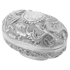 Antique Chinese Export Repousse Silver Box with Phoenix, Dragon, & Longevity 壽