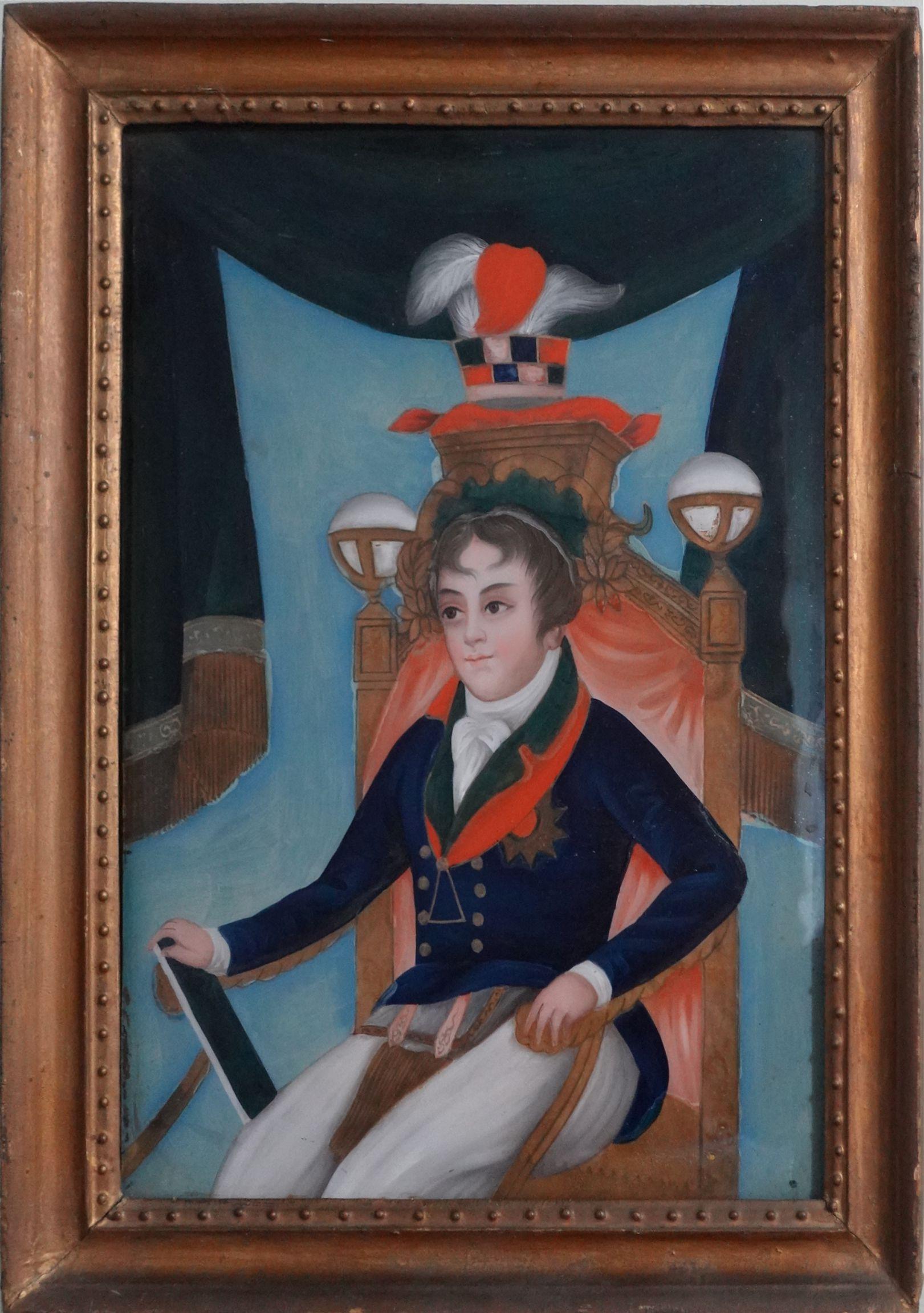 Chinese Export Reverse Glass Painting, 19th century
portrait of a young Napoleon Bonaparte; 13 1/2 x 9 1/2 in., frame 16 1/2 x 12 1/4 in.

Reverse glass pictures became fashionable in the 18th century. Glass panels were sent from Europe to China by