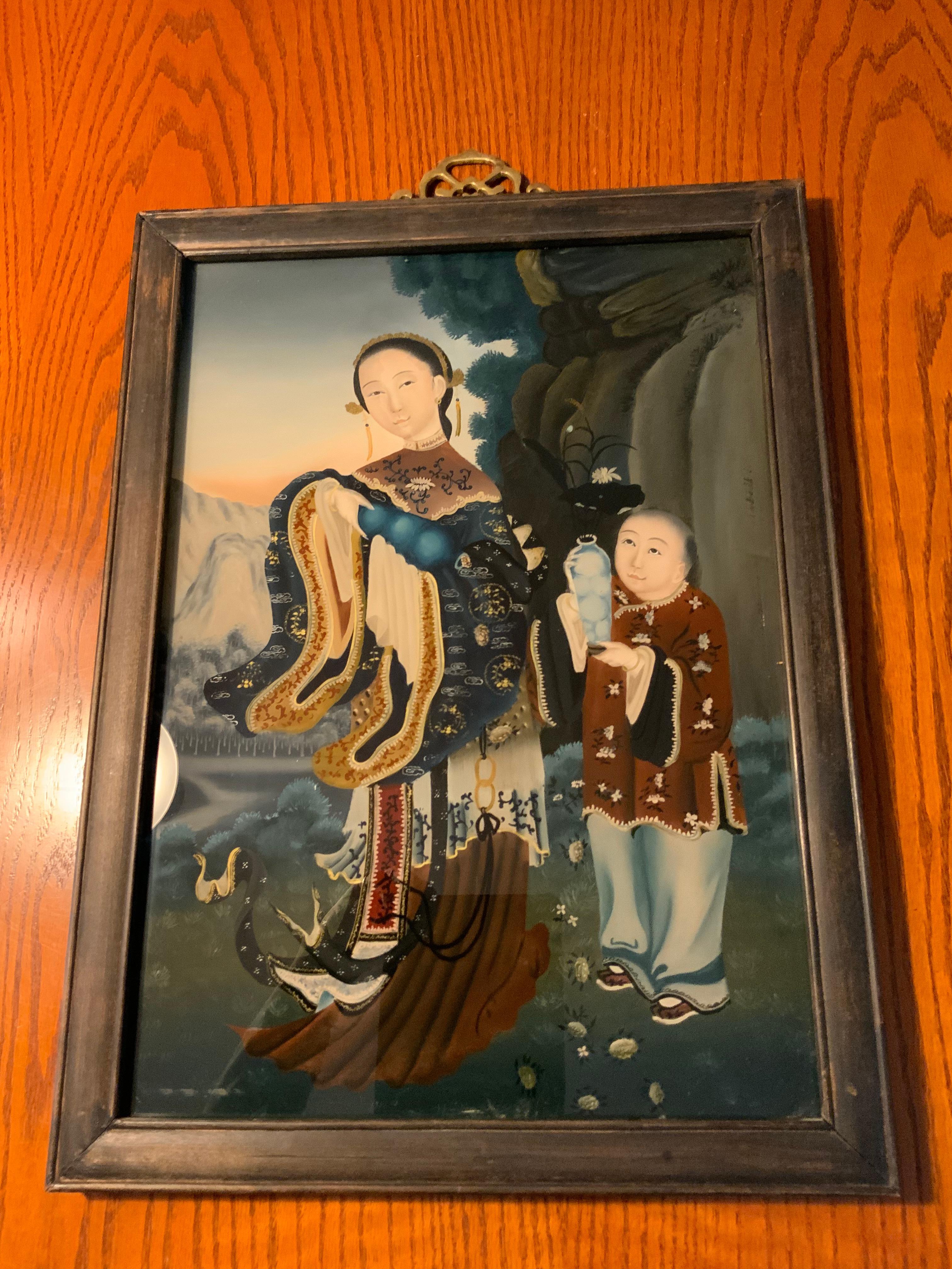 Glass Antique Chinese Export Reverse Painting For Sale