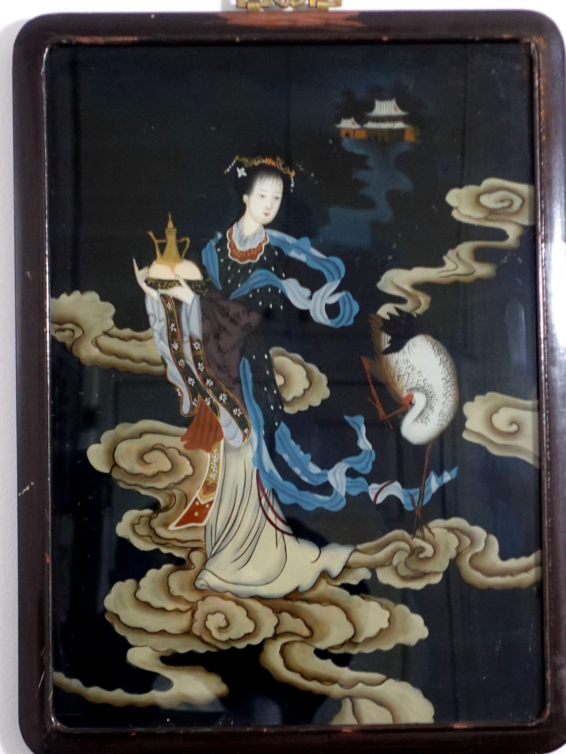 Antike chinesische Export-Umkehrmalerei auf Glas - eine zum Himmel fliegende Dame (Chinesisch) im Angebot