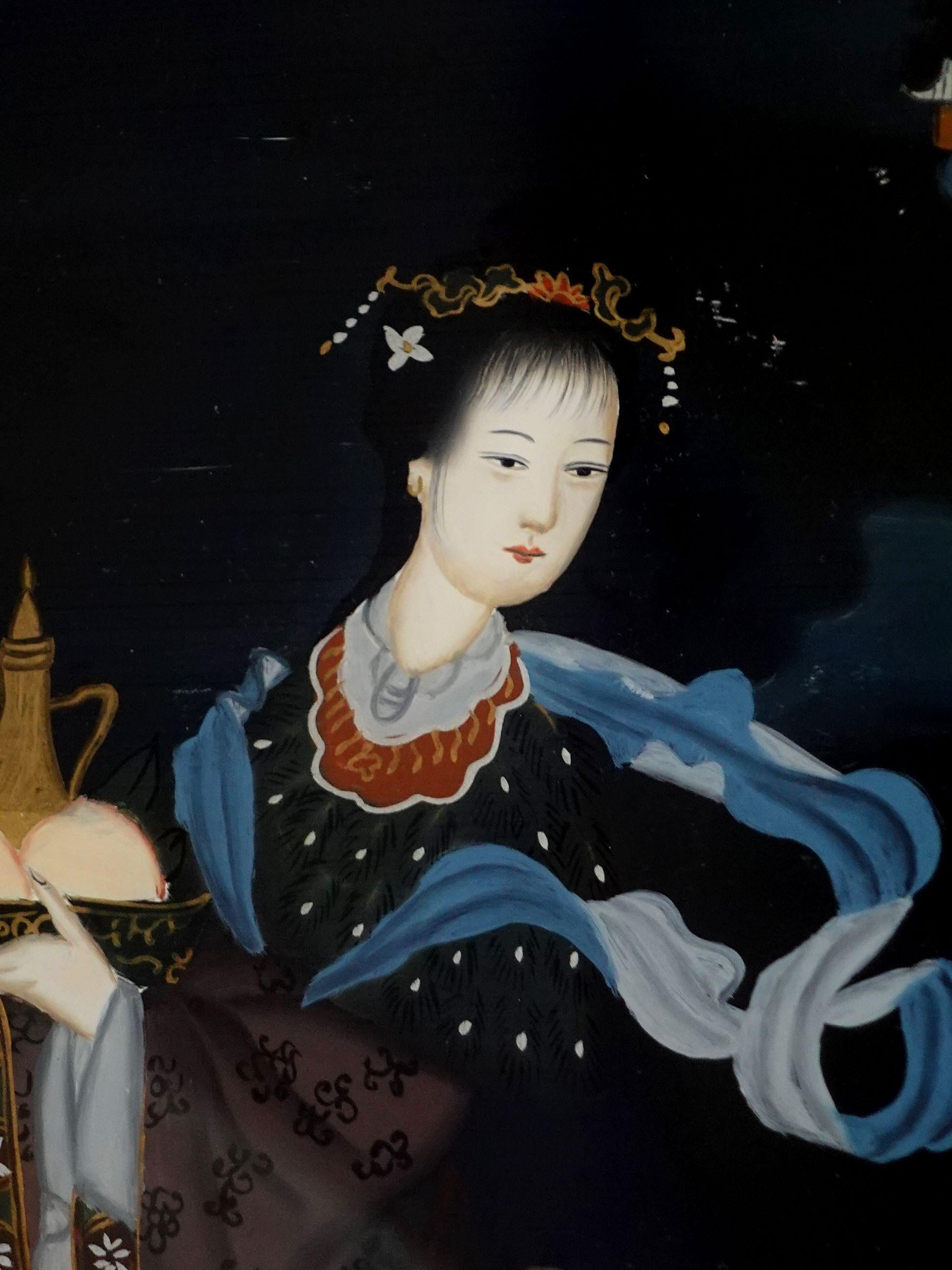 Antike chinesische Export-Umkehrmalerei auf Glas - eine zum Himmel fliegende Dame (Handbemalt) im Angebot