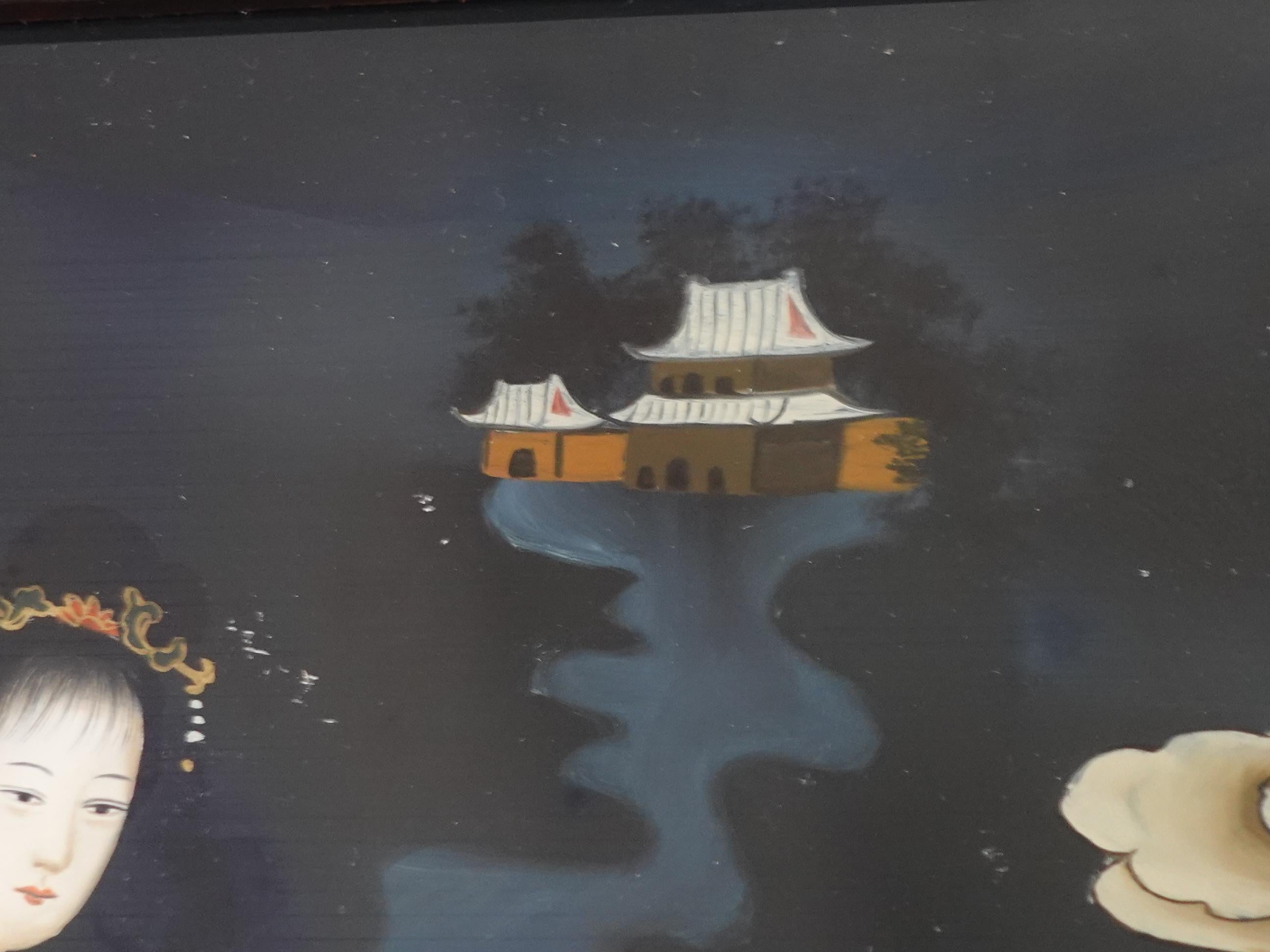 Antike chinesische Export-Umkehrmalerei auf Glas - eine zum Himmel fliegende Dame (19. Jahrhundert) im Angebot