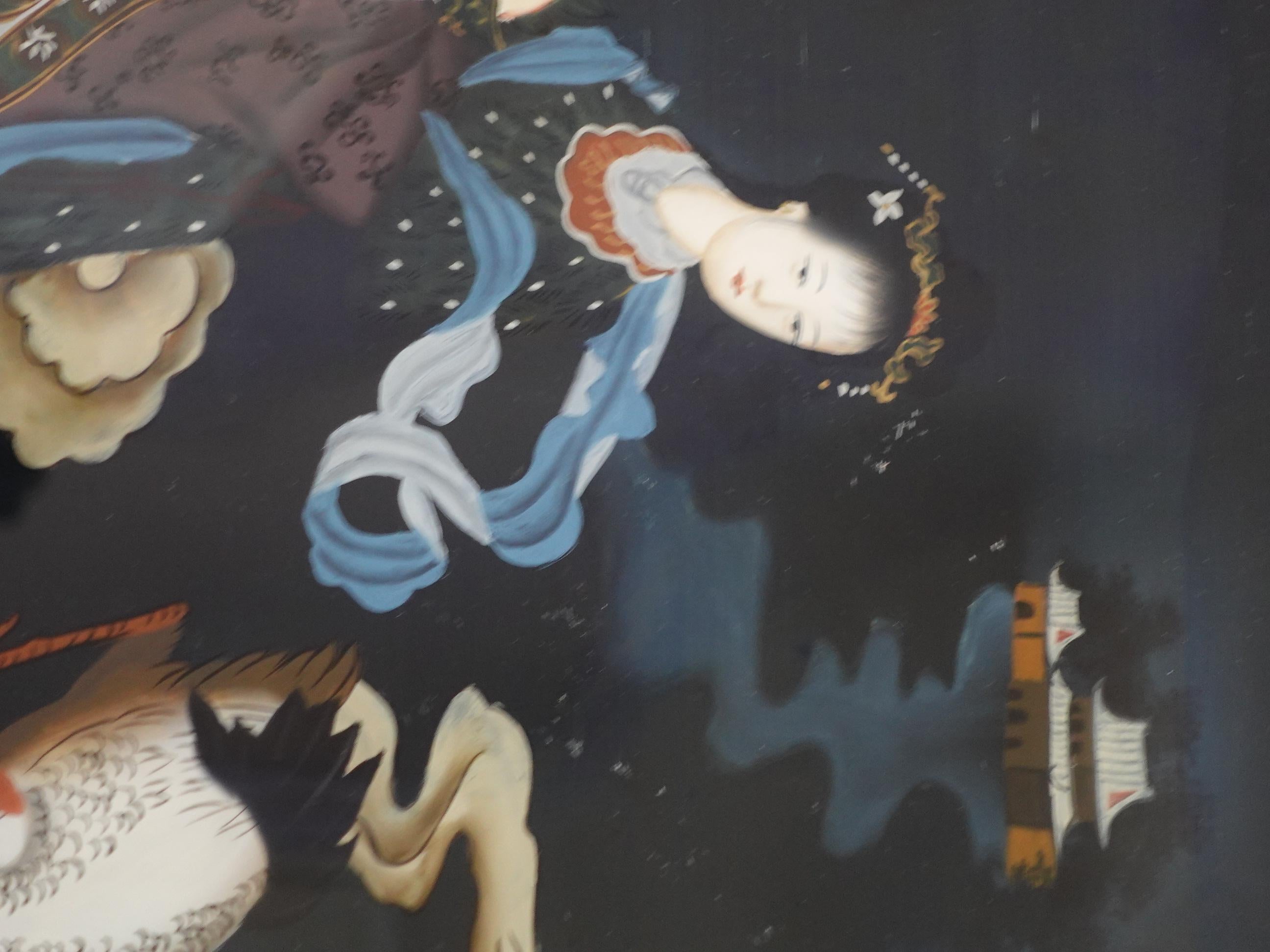 Antike chinesische Export-Umkehrmalerei auf Glas - eine zum Himmel fliegende Dame im Angebot 1