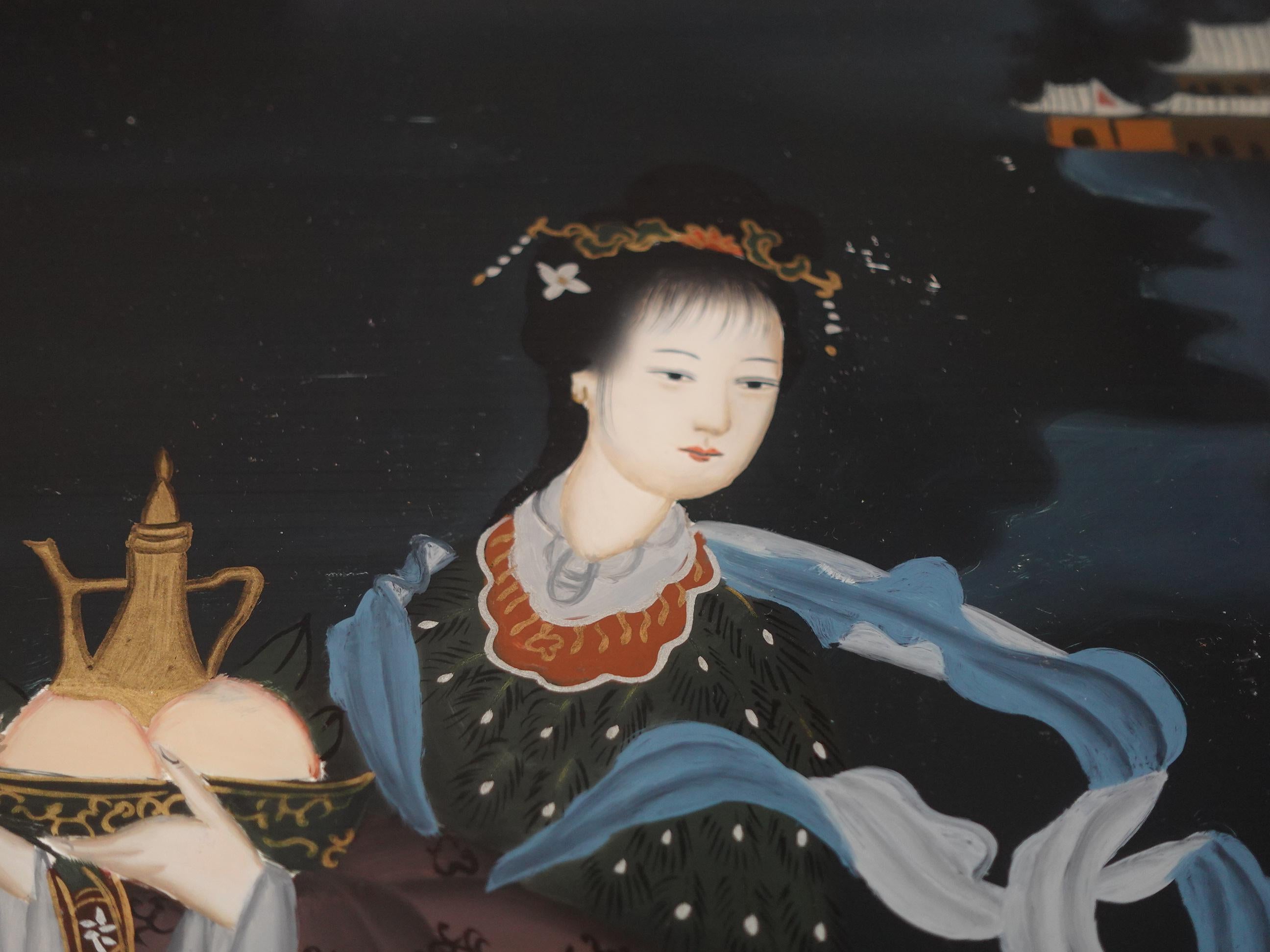Antike chinesische Export-Umkehrmalerei auf Glas - eine zum Himmel fliegende Dame im Angebot 2