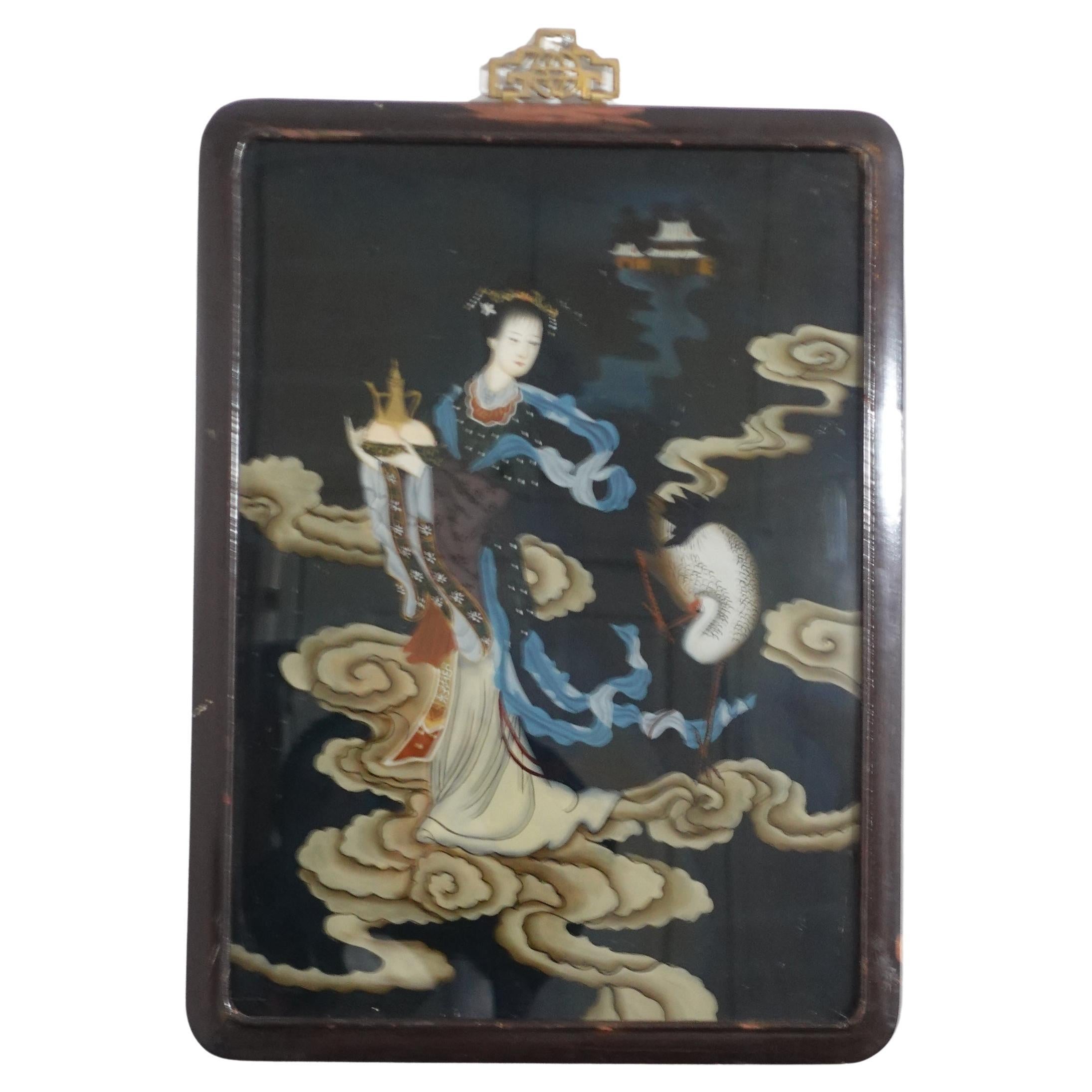 Antike chinesische Export-Umkehrmalerei auf Glas - eine zum Himmel fliegende Dame im Angebot
