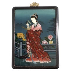 Antique Chinese Export Reverse Painting on Glass-A Lady Holding a Bird