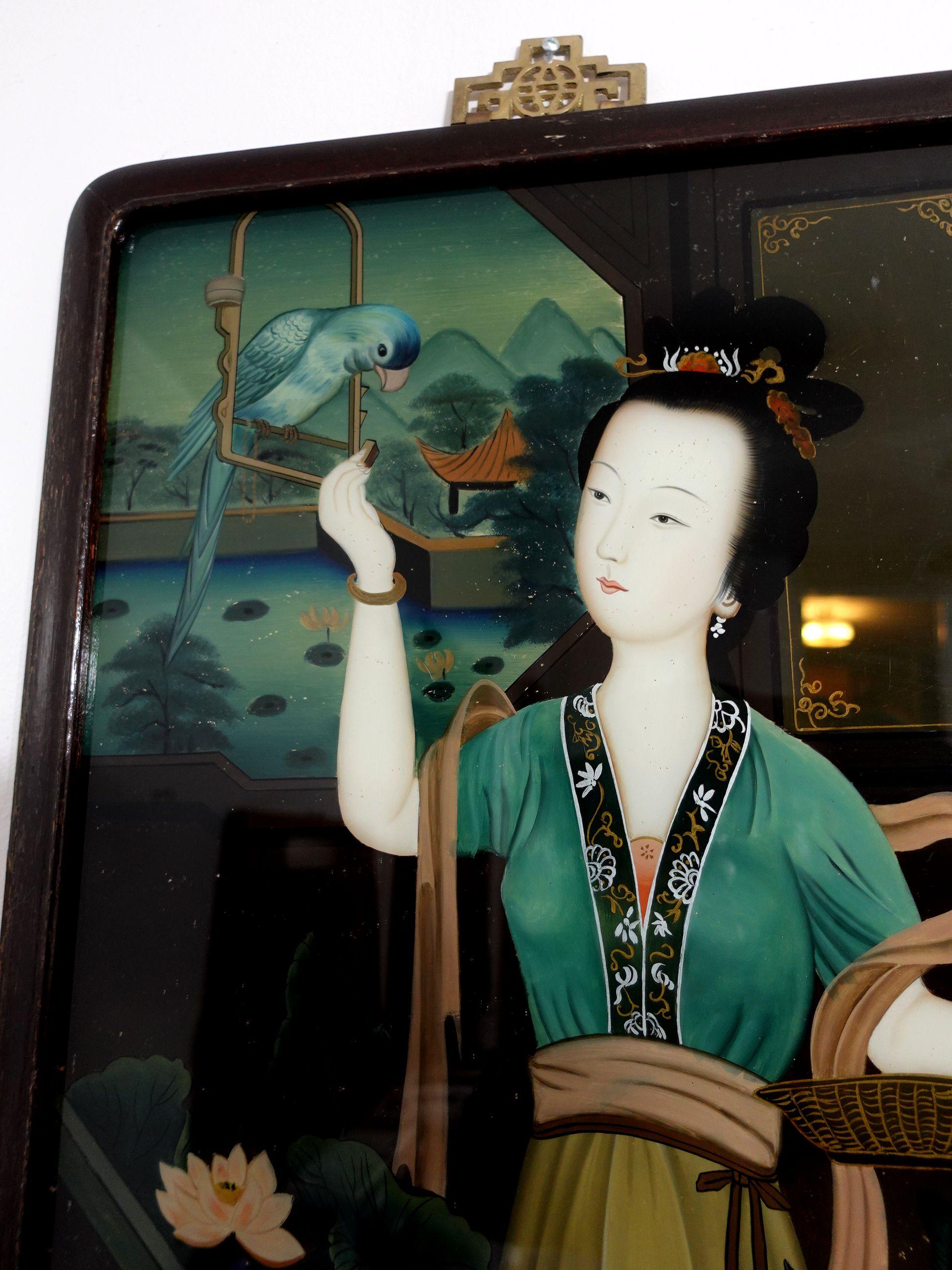 Antique Chinese Export Reverse Painting on Glass-A Lady in the Garden For Sale 3