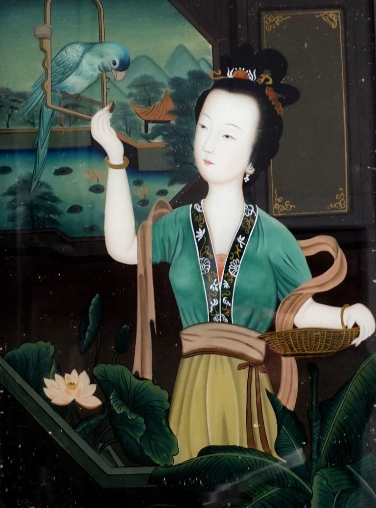 Antique Chinese Export Reverse Painting on GlassA Lady in the Garden