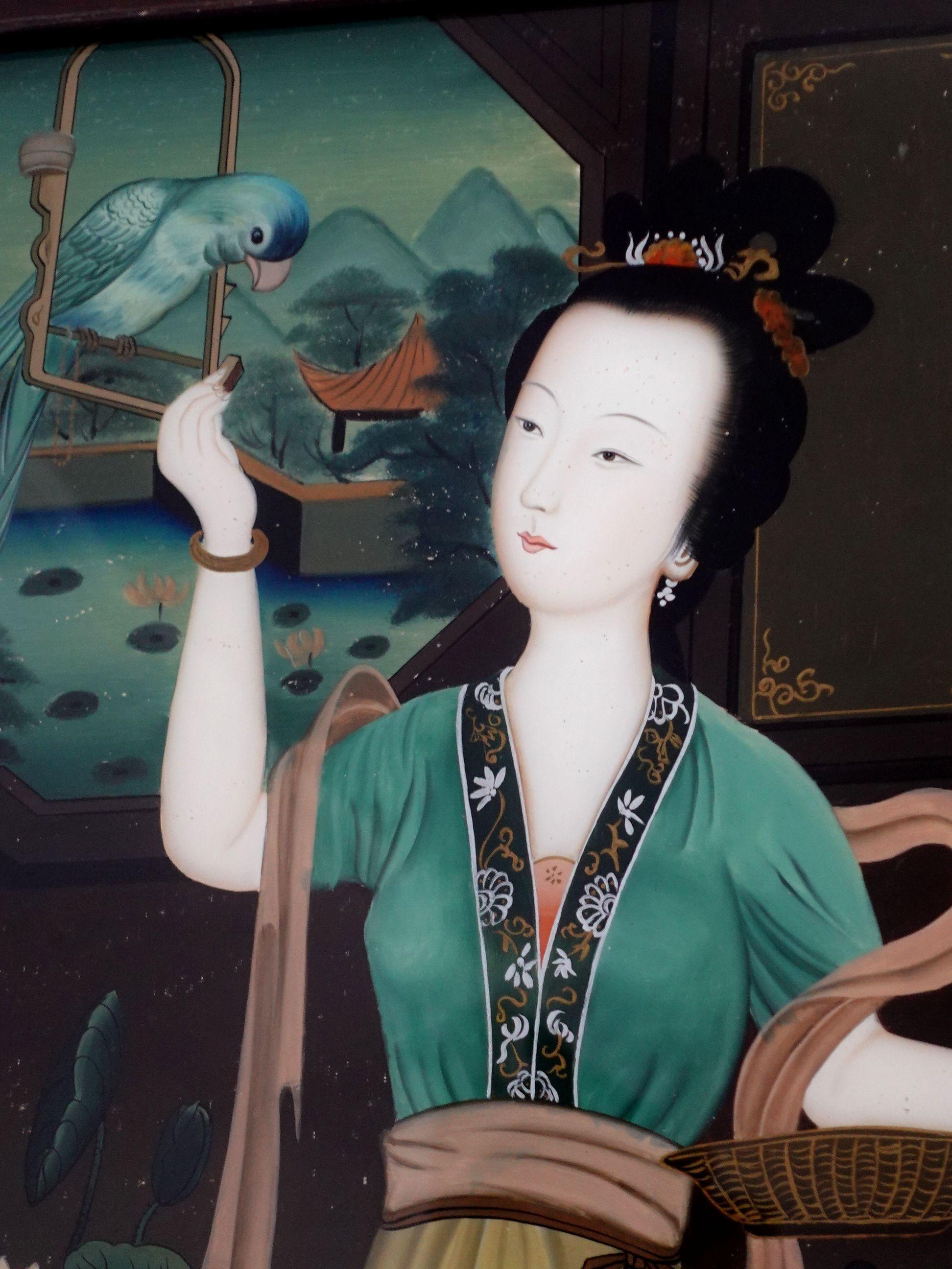 Antikes chinesisches Export-Reverse-Gemälde auf Glas – Eine Dame im Garten (Handbemalt) im Angebot