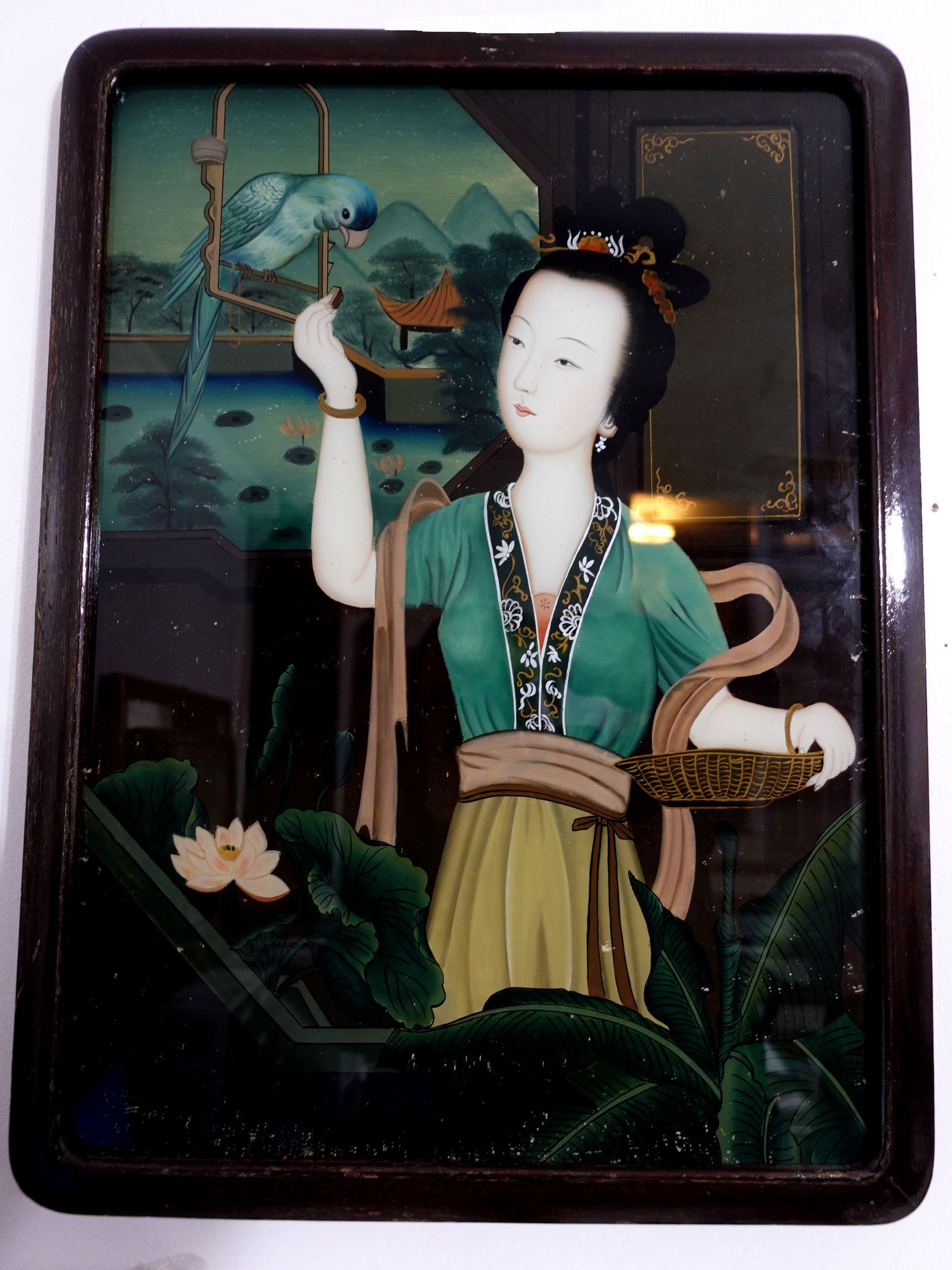 19th Century Antique Chinese Export Reverse Painting on Glass-A Lady in the Garden For Sale