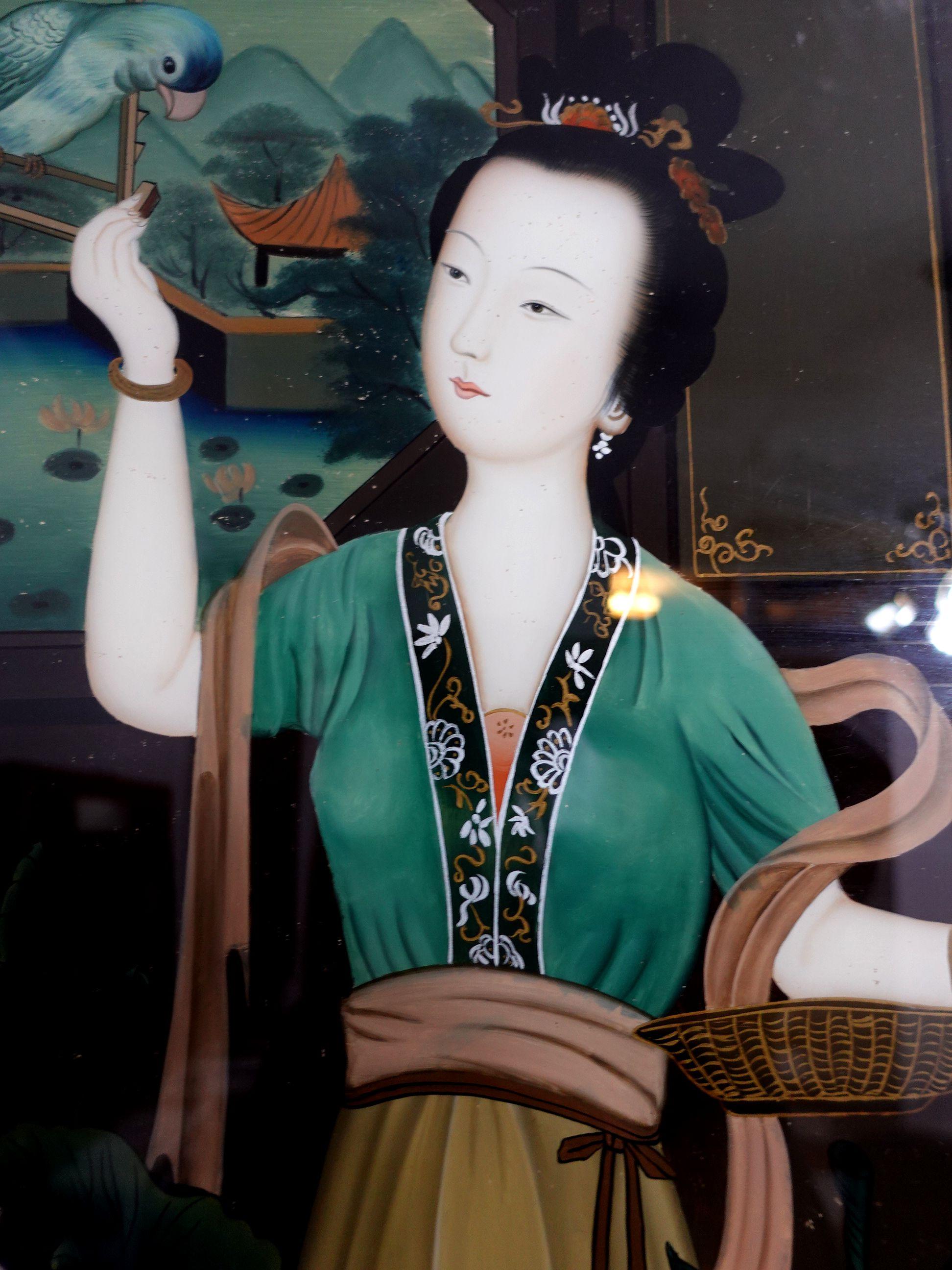 Antikes chinesisches Export-Reverse-Gemälde auf Glas – Eine Dame im Garten im Angebot 2