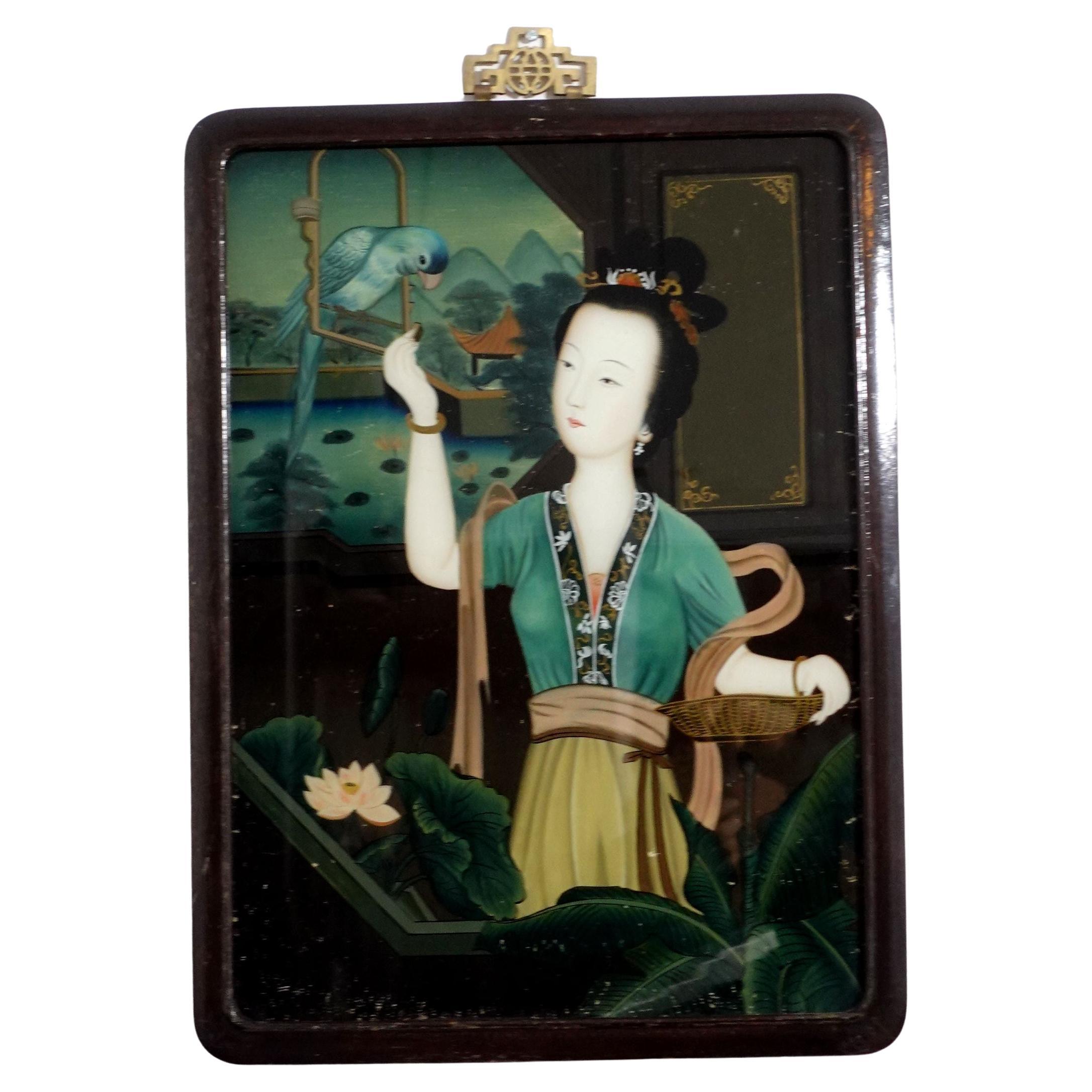 Peinture inversée d'exportation chinoise ancienne sur verre - Une femme au jardin