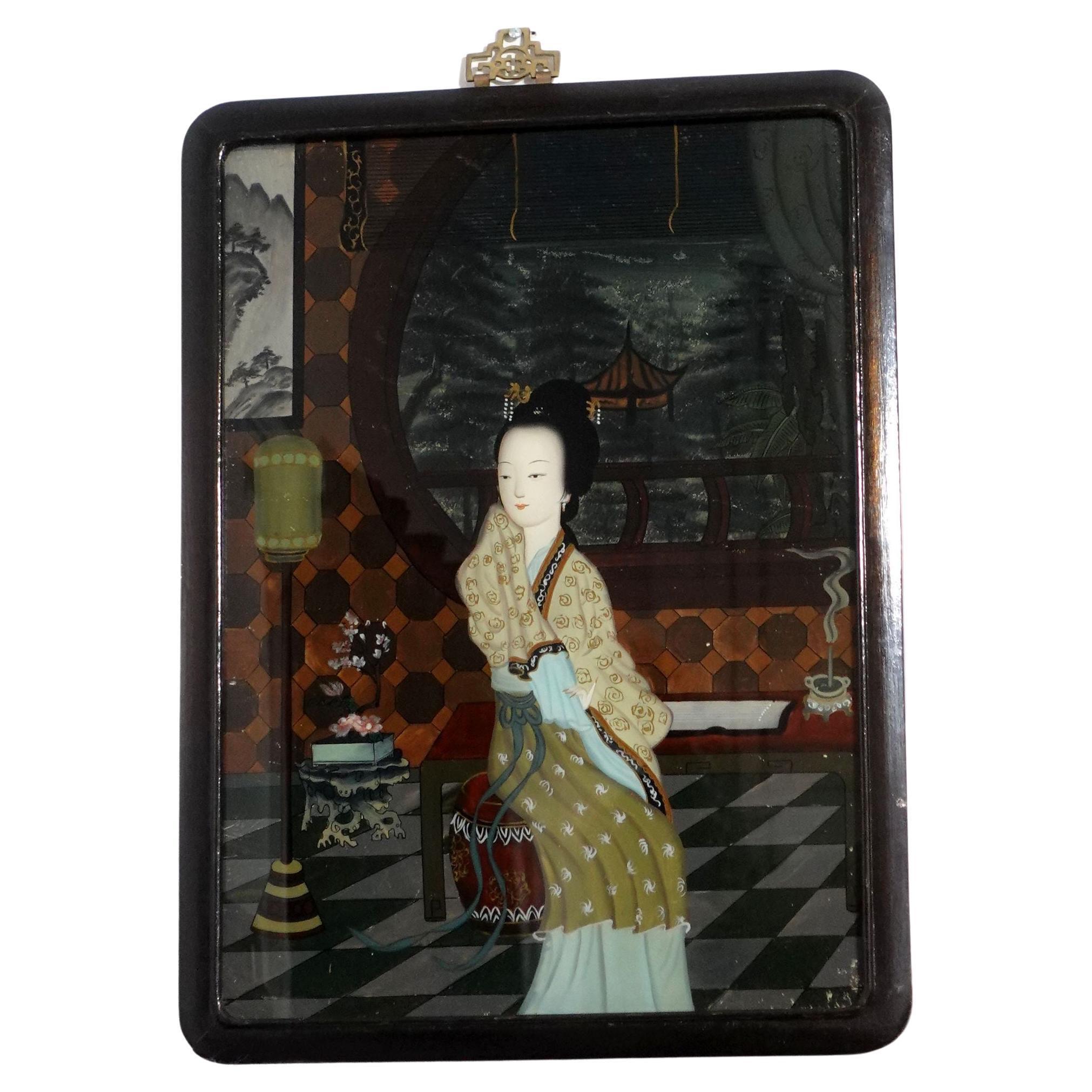 Antique Chinese Export Reverse Painting on Glass-A Lady Seating in the Room For Sale