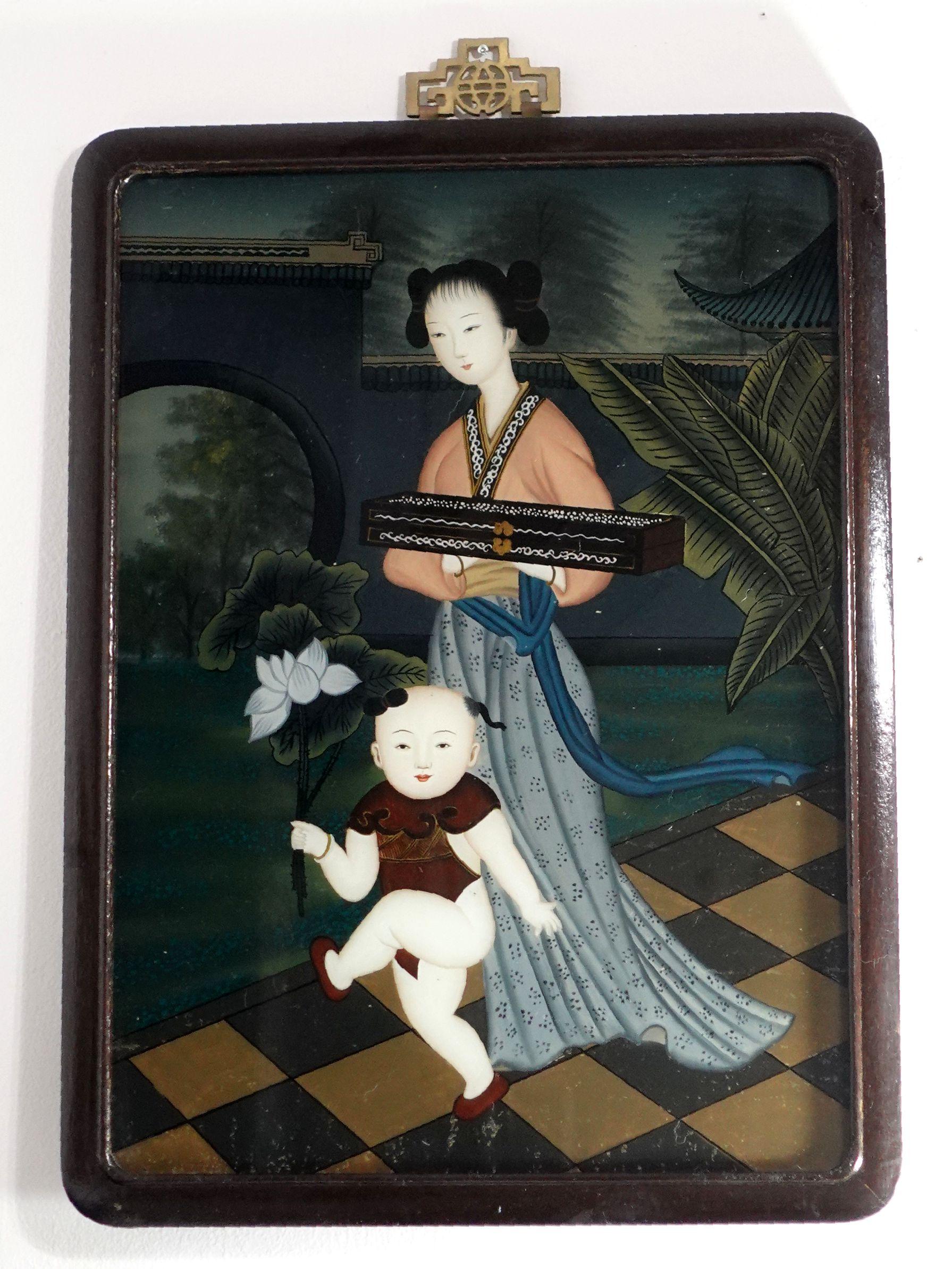 A charming late 19th-century to early 20th-century, Chinese export reverse glass painting, depicting a noblewoman within a courtyard setting with a kid who is holding a lotus, walking in the courtyard before a dividing wall and an opening with a