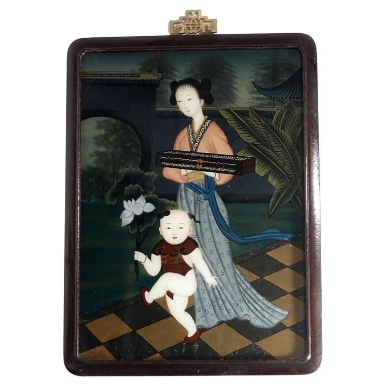 Antique Chinese Export Reverse Painting on Glass For Sale at 1stDibs