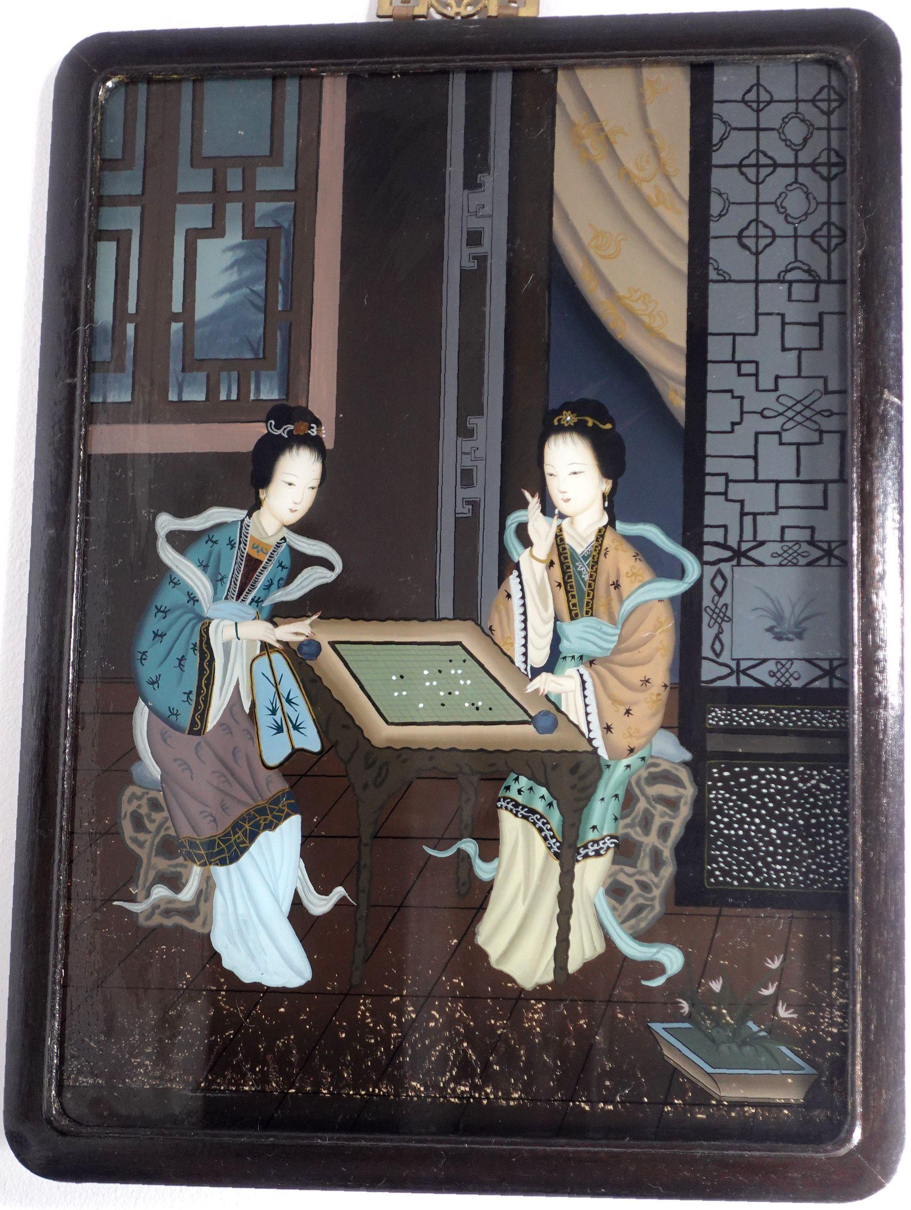 Hand-Painted Antique Chinese Export Reverse Painting on Glass, Two Beauties