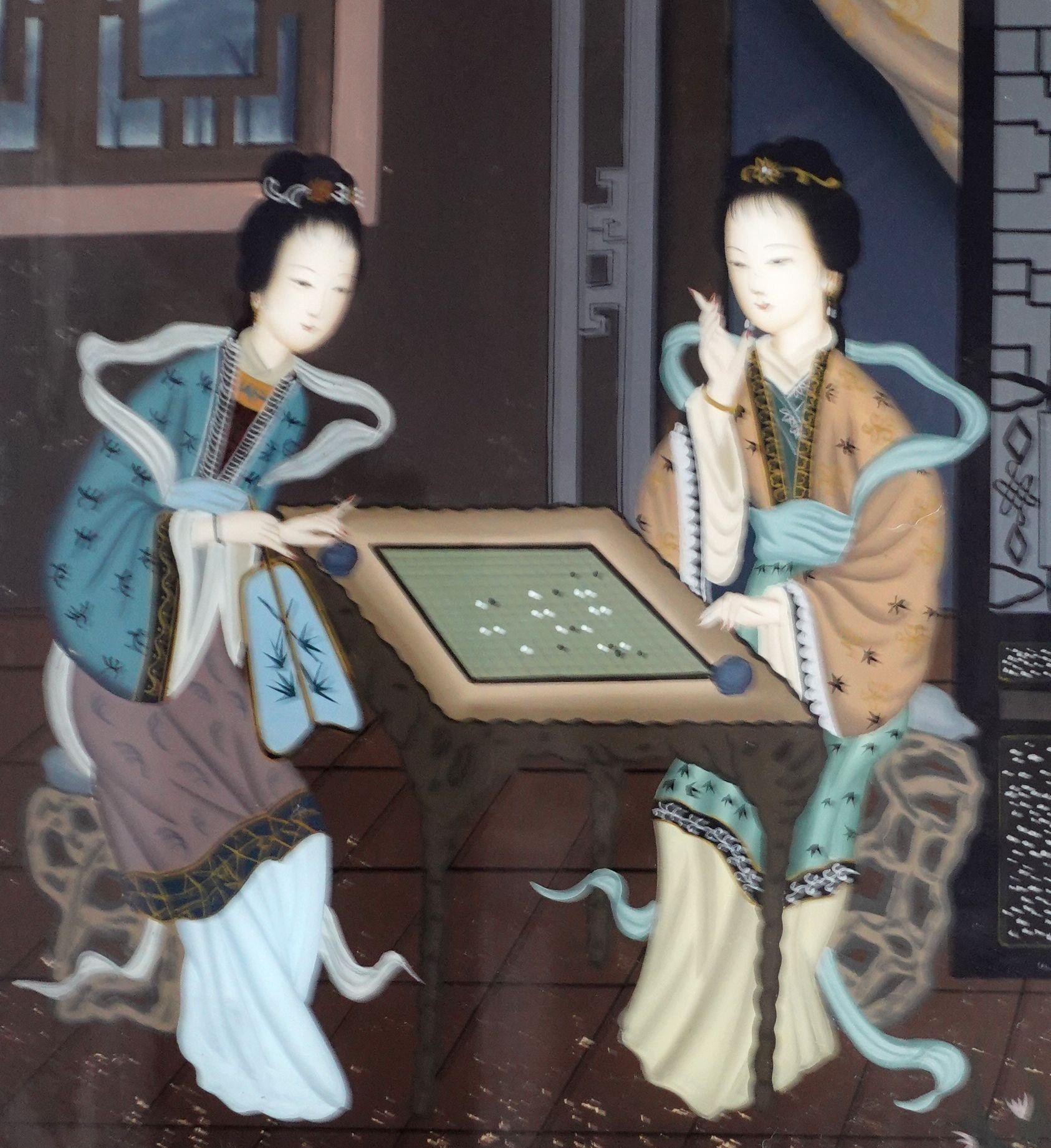 Antique Chinese Export Reverse Painting on Glass, Two Beauties In Good Condition In Norton, MA