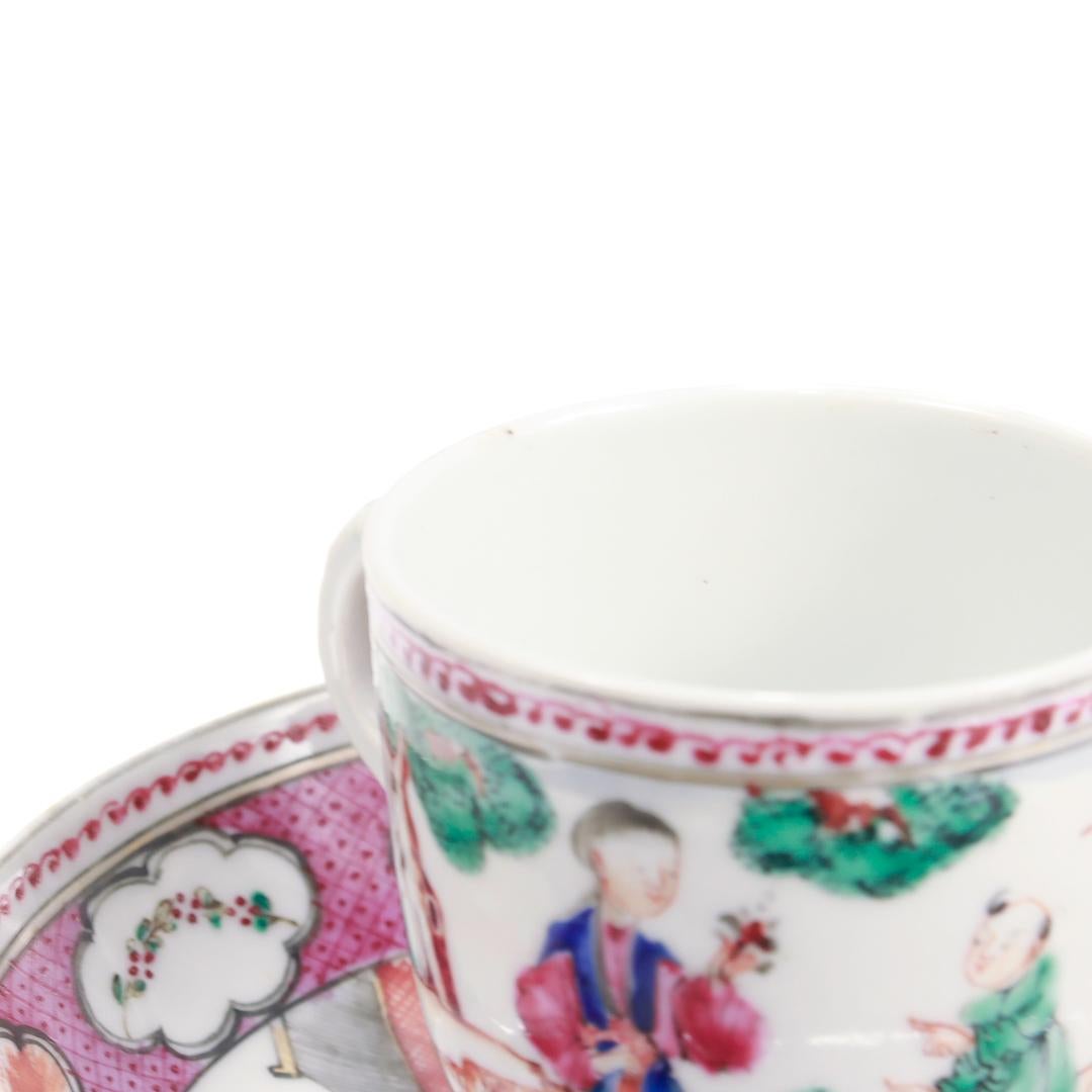 Tasse à café et soucoupe en porcelaine mandarine rose ancienne d'exportation chinoise en vente 11