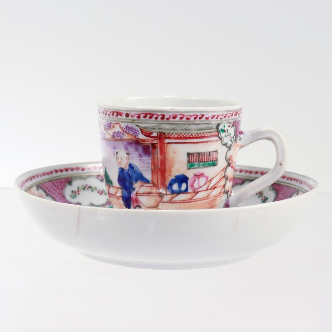 Antique Chinese Export Rose Mandarin Porcelain Coffee Cup & Saucer In Good Condition For Sale In Philadelphia, PA