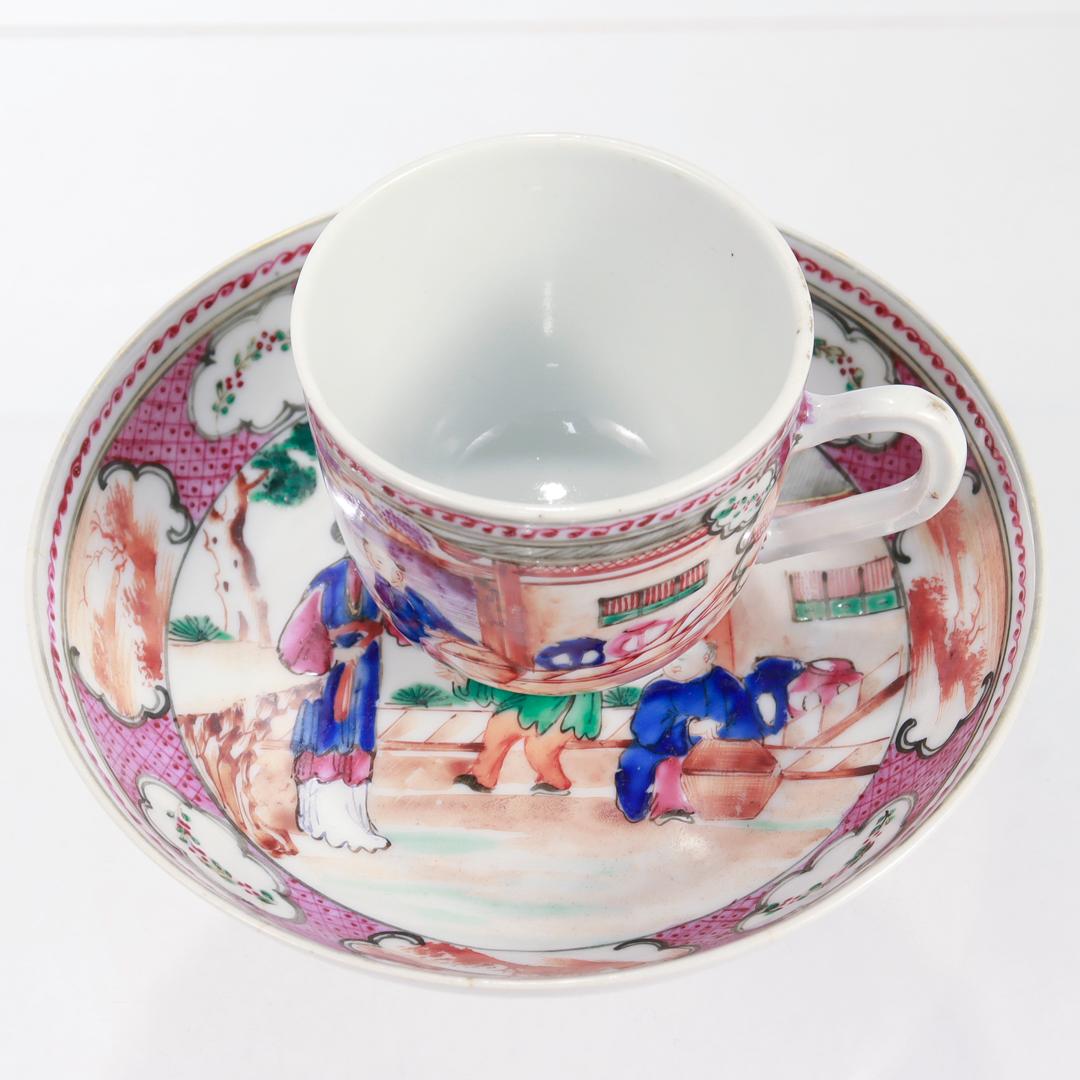 19th Century Antique Chinese Export Rose Mandarin Porcelain Coffee Cup & Saucer For Sale