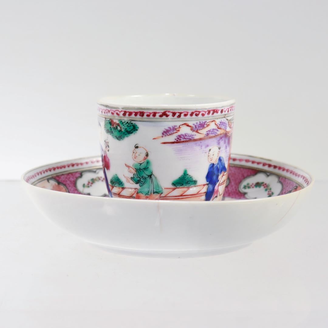 Tasse à café et soucoupe en porcelaine mandarine rose ancienne d'exportation chinoise en vente 1