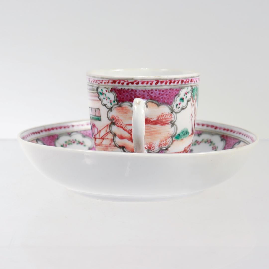 Antique Chinese Export Rose Mandarin Porcelain Coffee Cup & Saucer For Sale 5