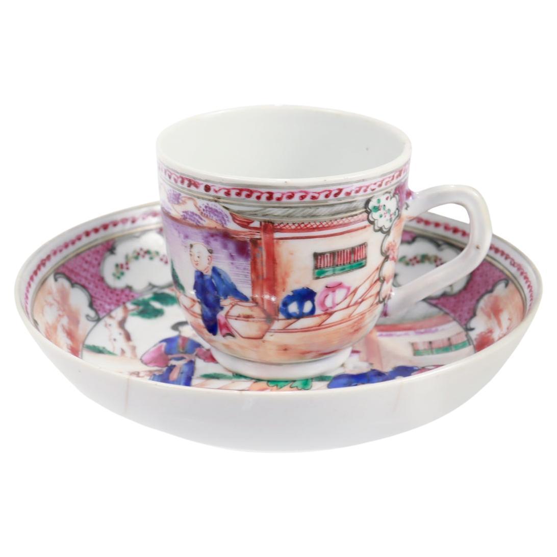 Antique Chinese Export Rose Mandarin Porcelain Coffee Cup & Saucer For Sale