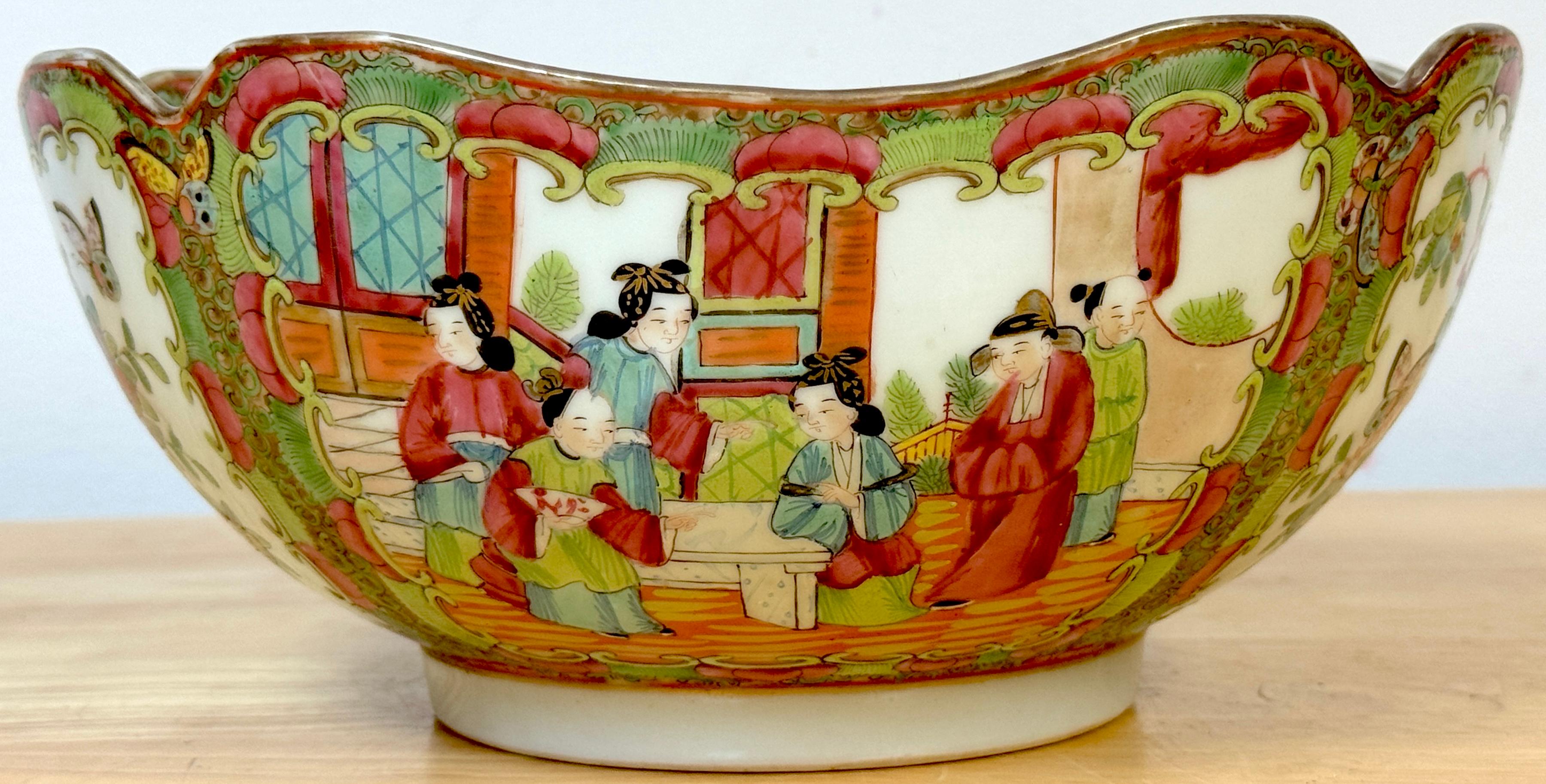 Enameled Antique Chinese Export Rose Medallion Cross Cut Corner Square Bowl For Sale