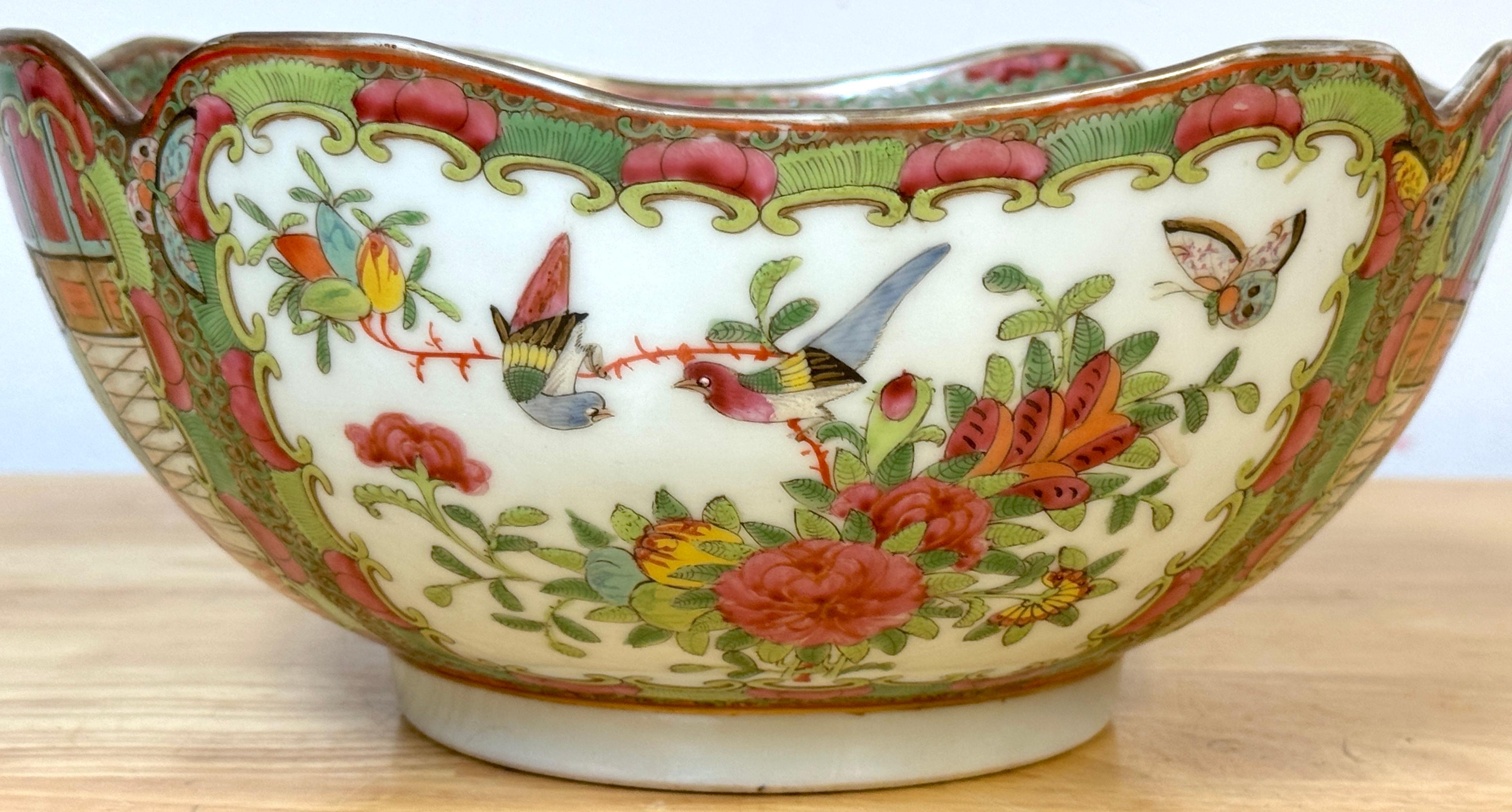 Porcelain Antique Chinese Export Rose Medallion Cross Cut Corner Square Bowl For Sale
