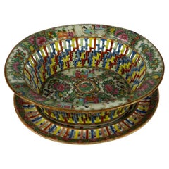 Antique Chinese Export Rose Medallion Pierced Fruit Basket and Undertray 19th C