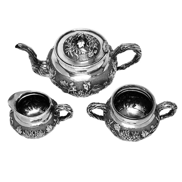 19th Century Antique Chinese Export Silver 3 piece Tea Set c. 1800 For Sale