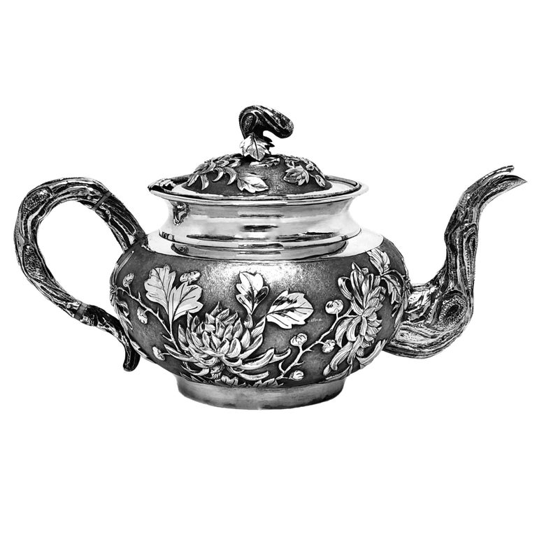 Sterling Silver Antique Chinese Export Silver 3 piece Tea Set c. 1800 For Sale