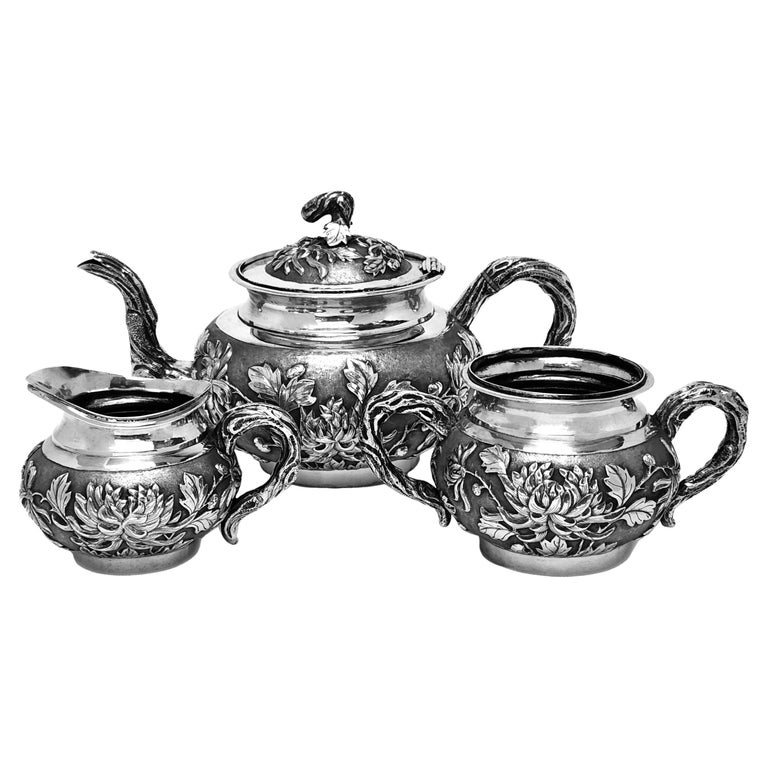 Antique Chinese Export Silver 3 piece Tea Set c. 1800 For Sale