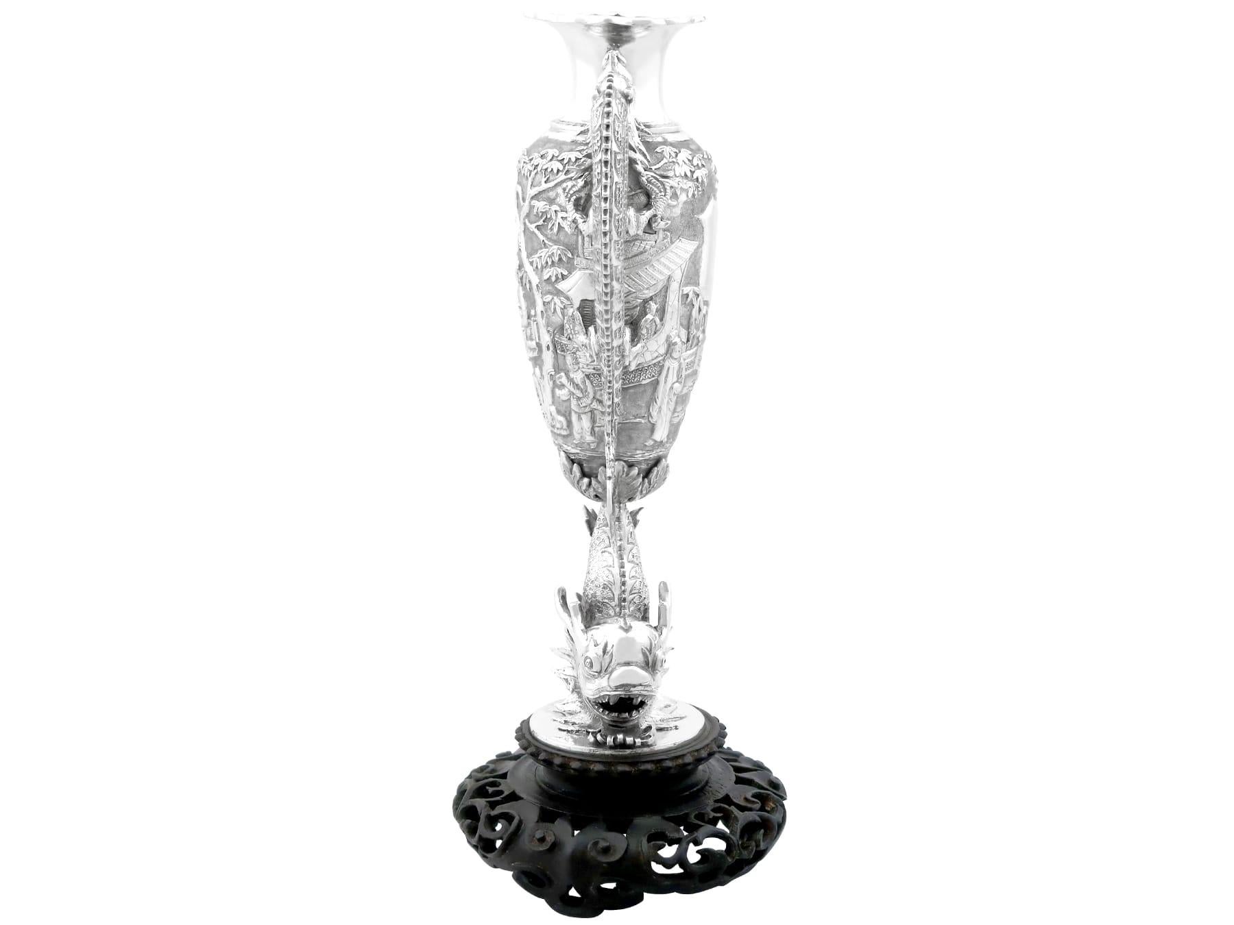 Antique Chinese Export Silver and Cherry Wood Vase Circa 1890 For Sale 6