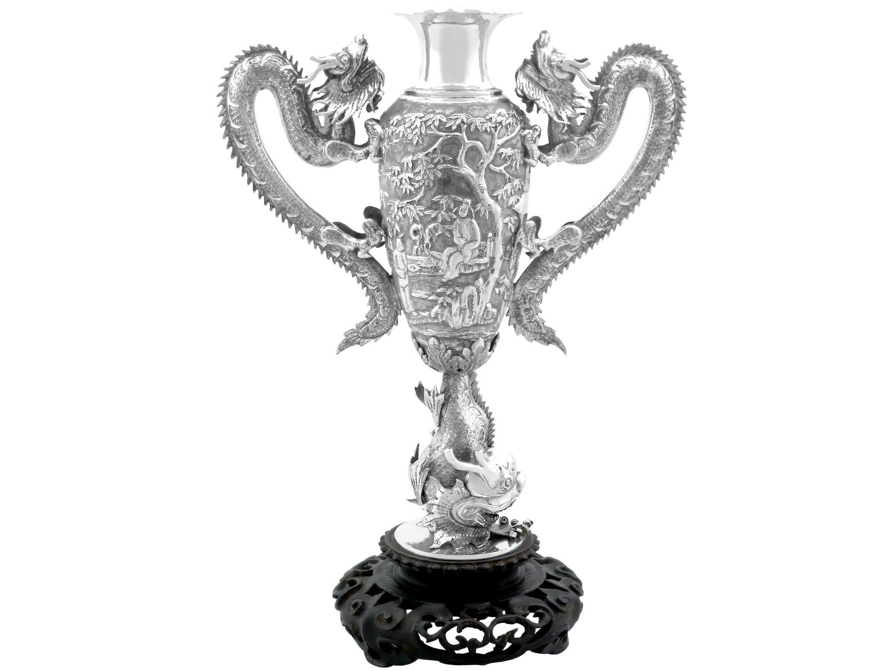 Antique Chinese Export Silver and Cherry Wood Vase Circa 1890 For Sale 7