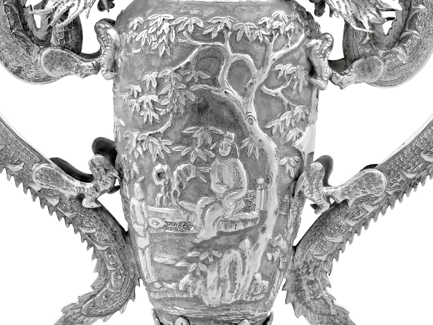 Antique Chinese Export Silver and Cherry Wood Vase Circa 1890 For Sale 11