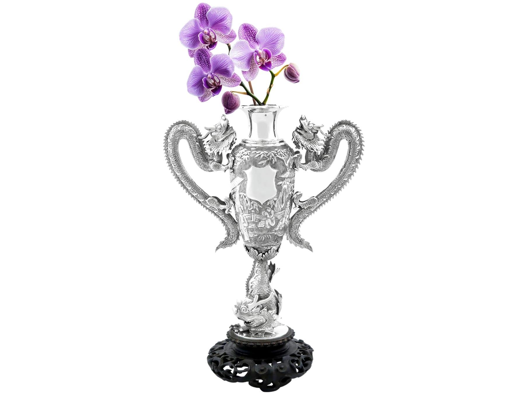 Antique Chinese Export Silver and Cherry Wood Vase Circa 1890 For Sale 16