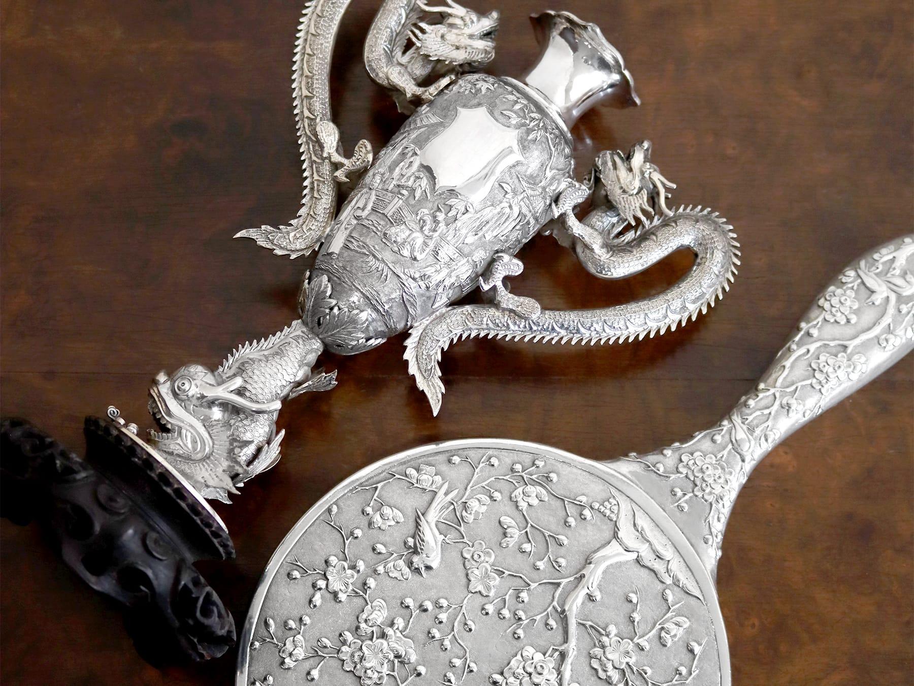 Late 19th Century Antique Chinese Export Silver and Cherry Wood Vase Circa 1890 For Sale